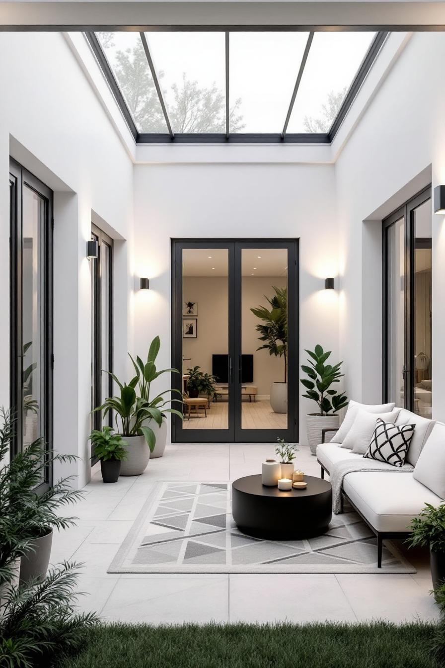 Bright, open courtyard with lush plants and comfy seating