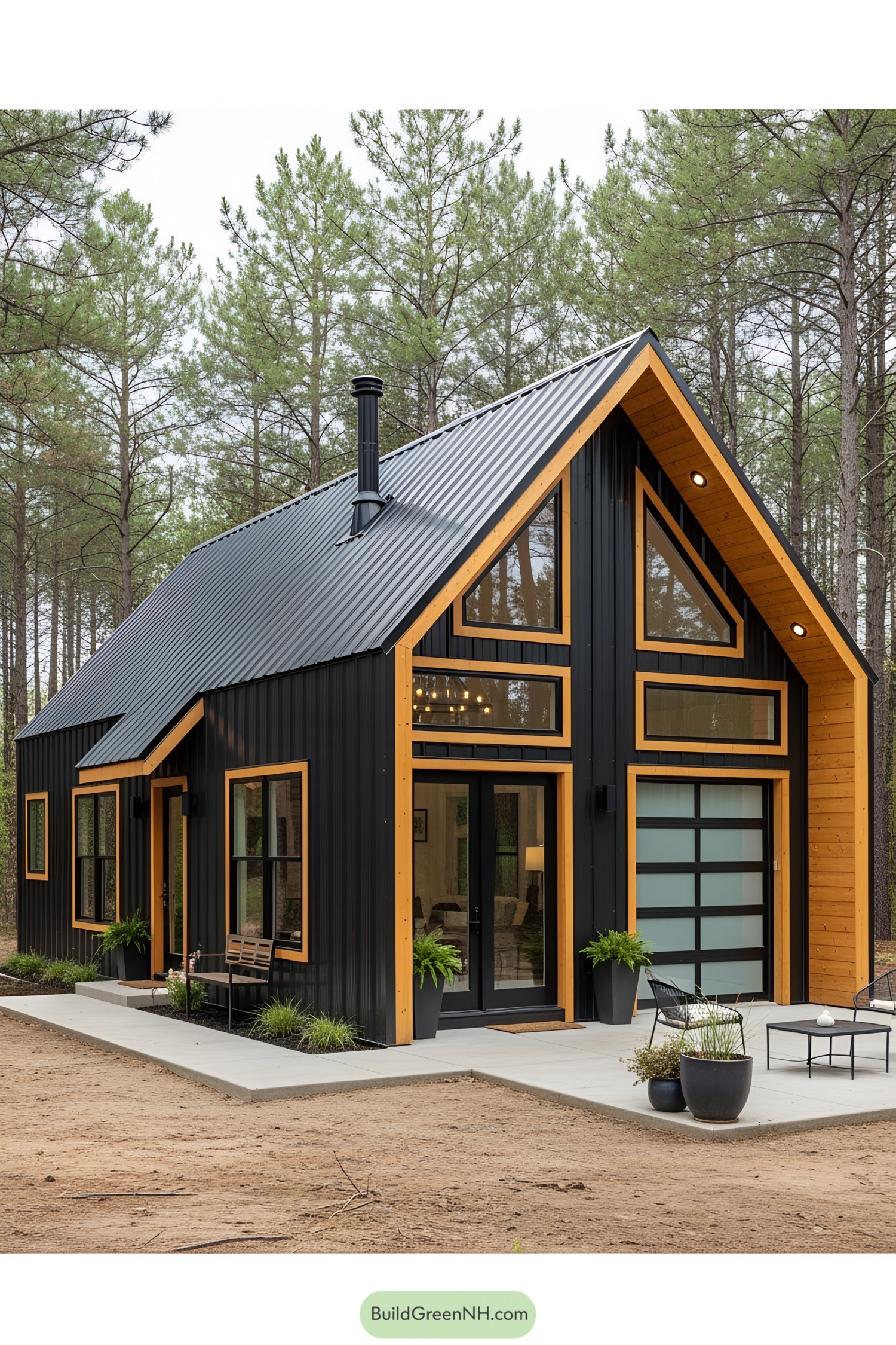 Compact, stylish barndominium with a black exterior and wood accents