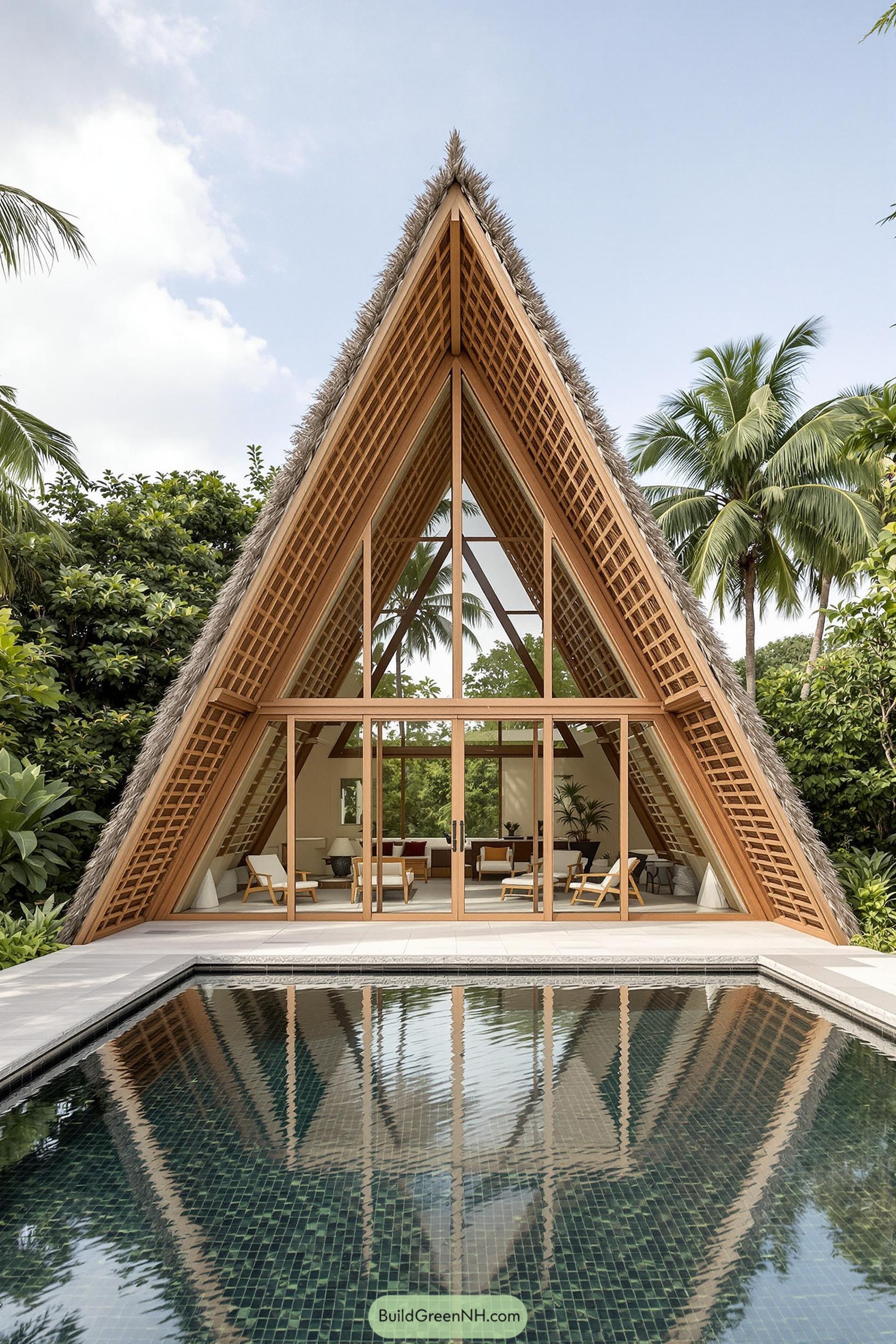 Cozy A-frame cabin with glass front near a pool