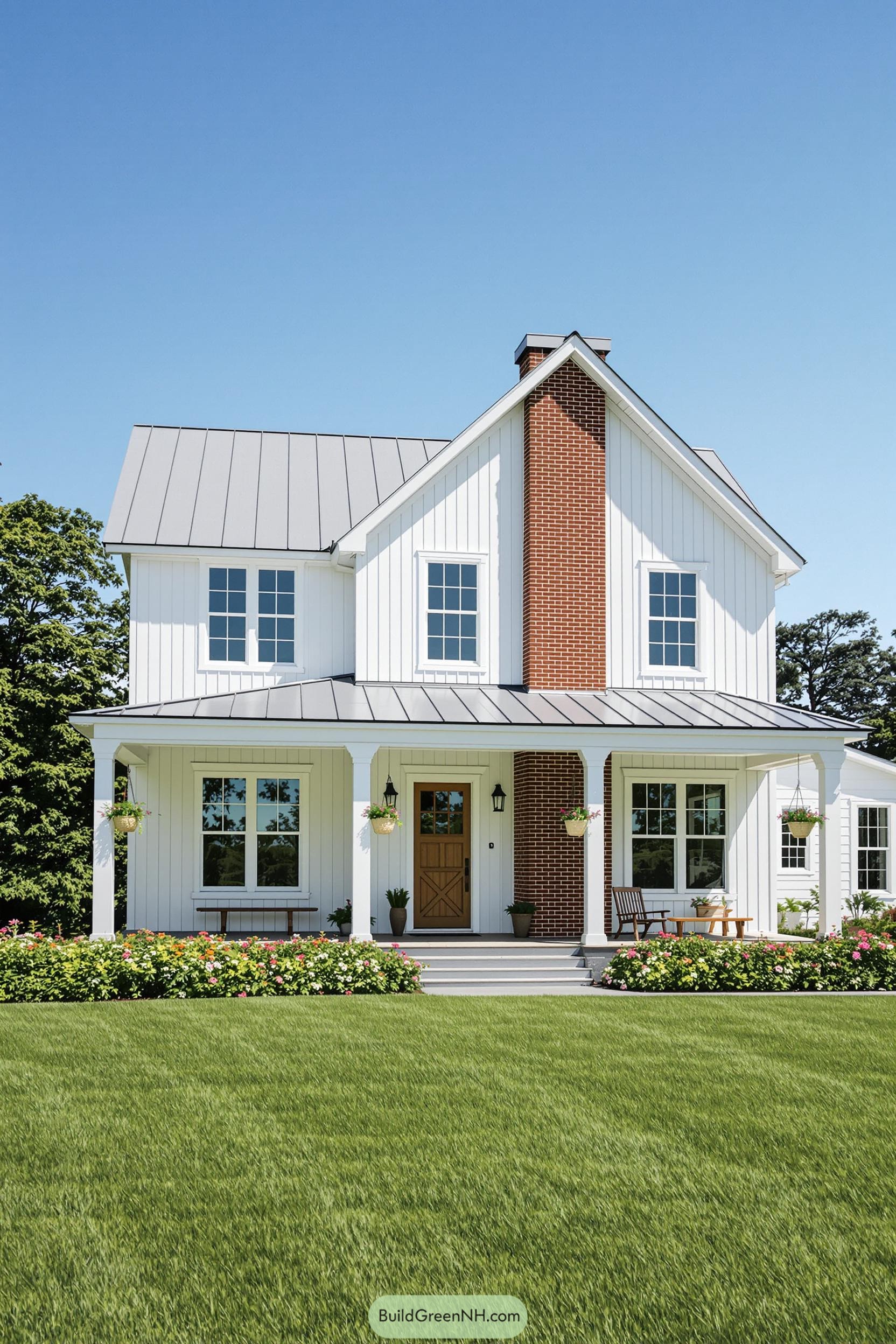 Charming white farmhouse with a red brick chimney on a sunny day
