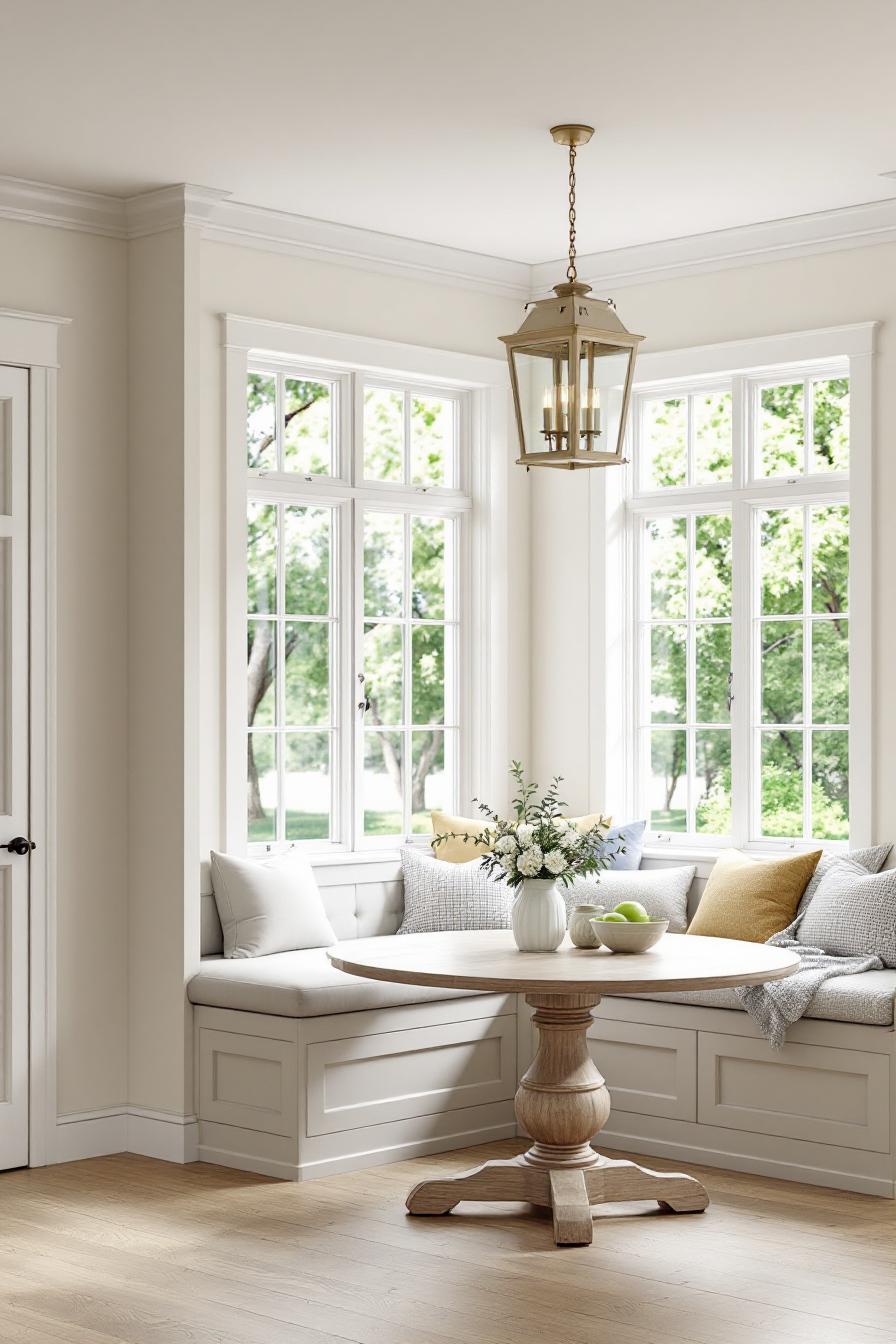 Bright corner with a wooden table and cozy seating