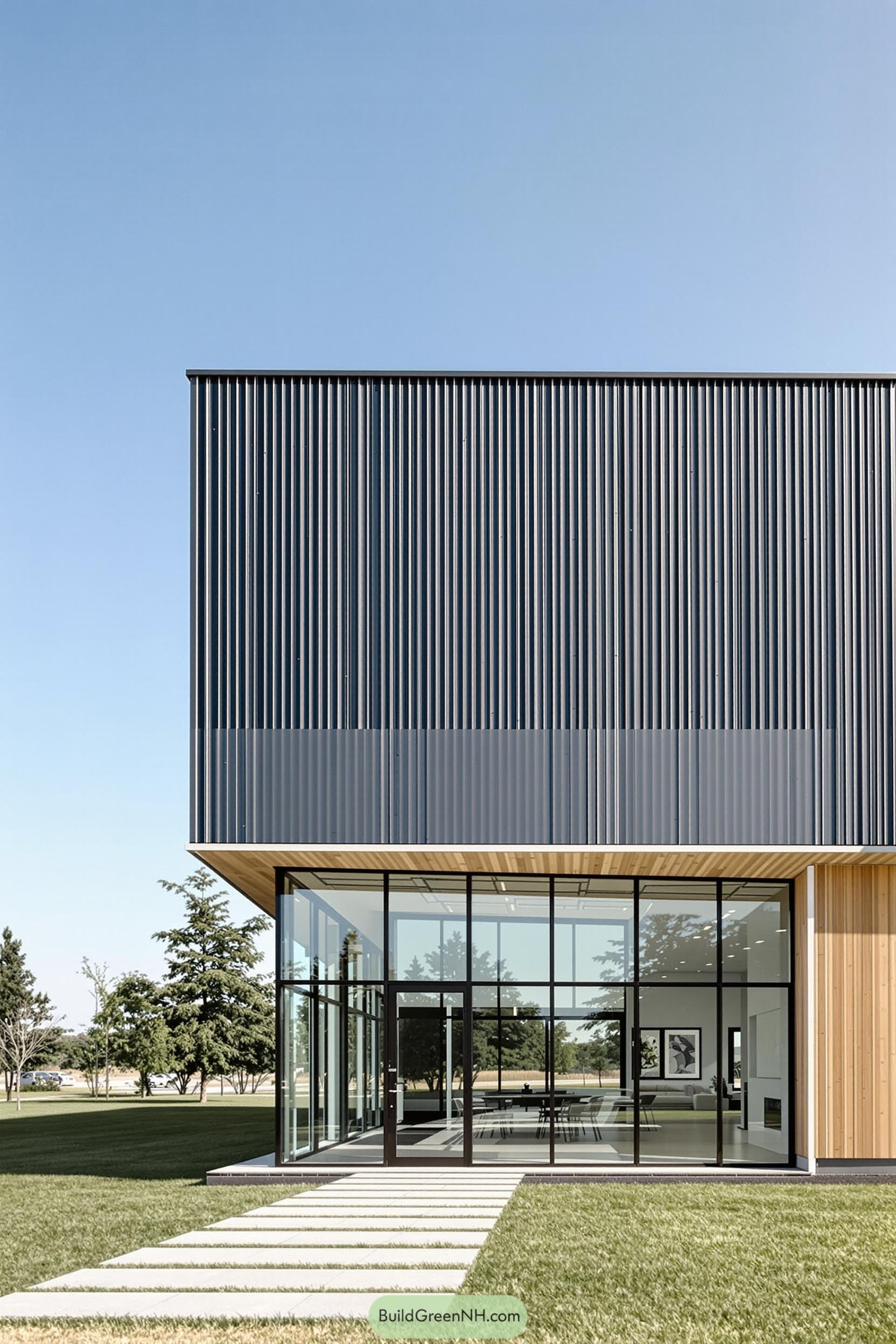 Modern building with a glass and corrugated metal facade