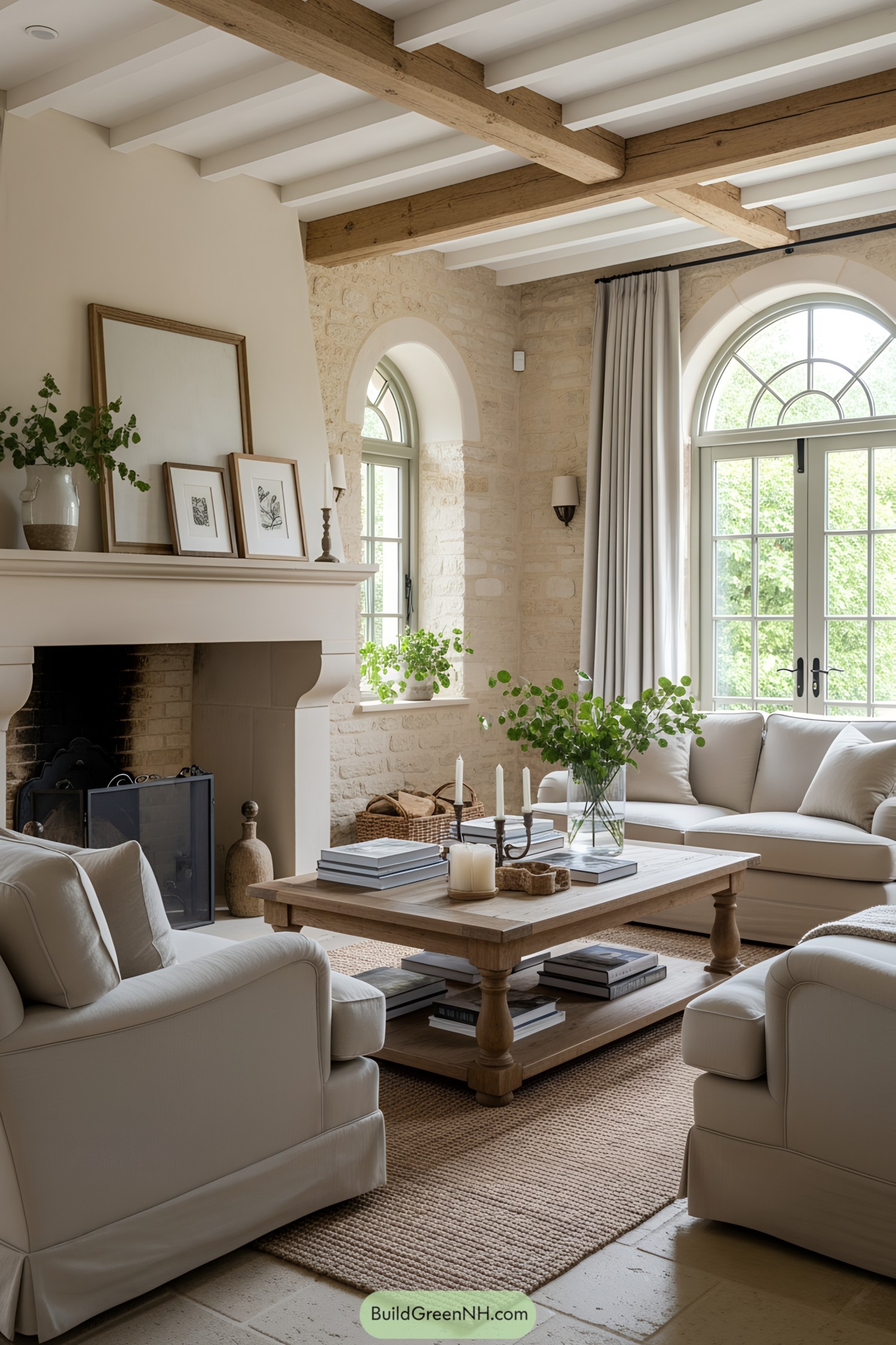Country-style living room with beige furnishings and greenery