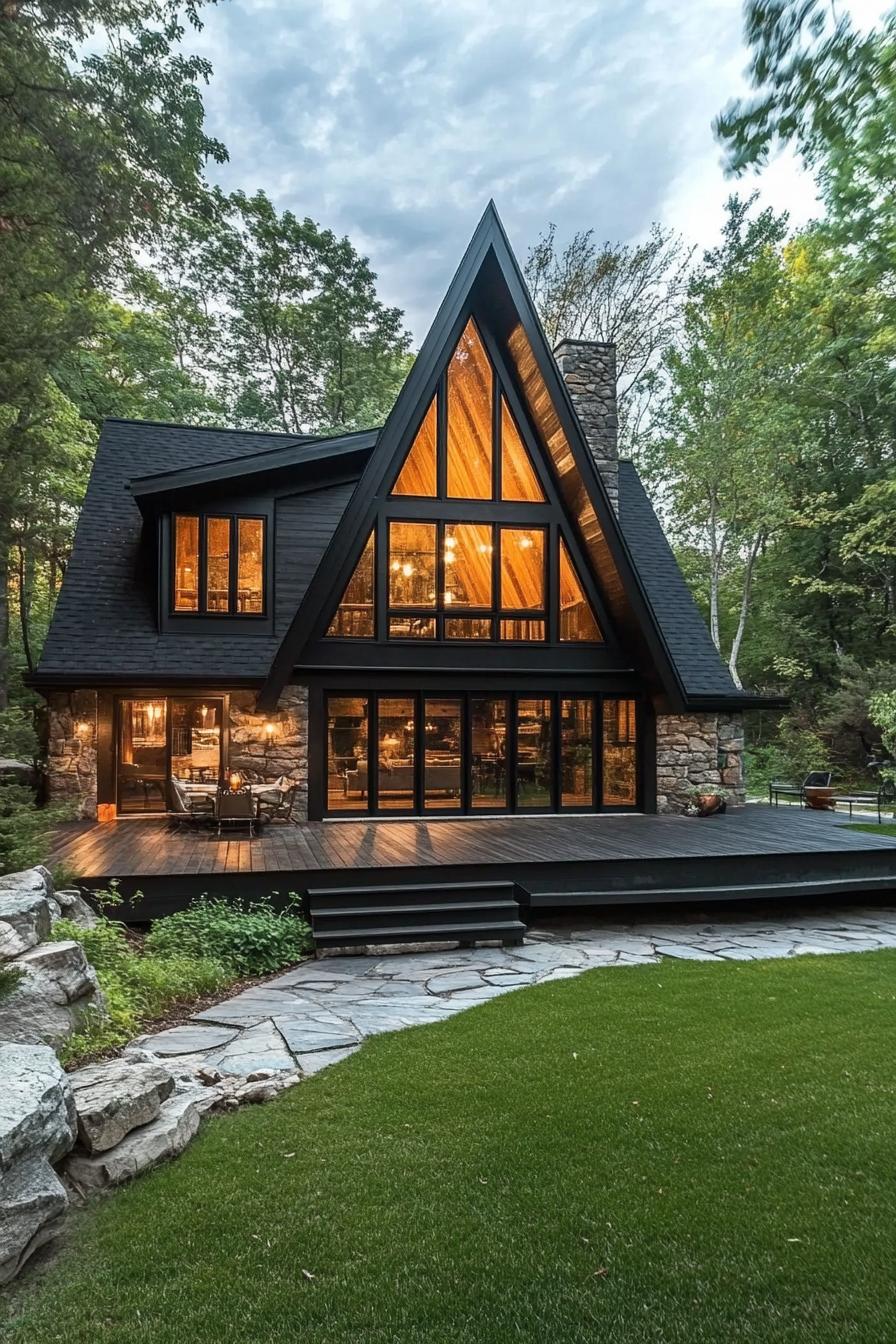 A-frame cabin with large windows surrounded by trees