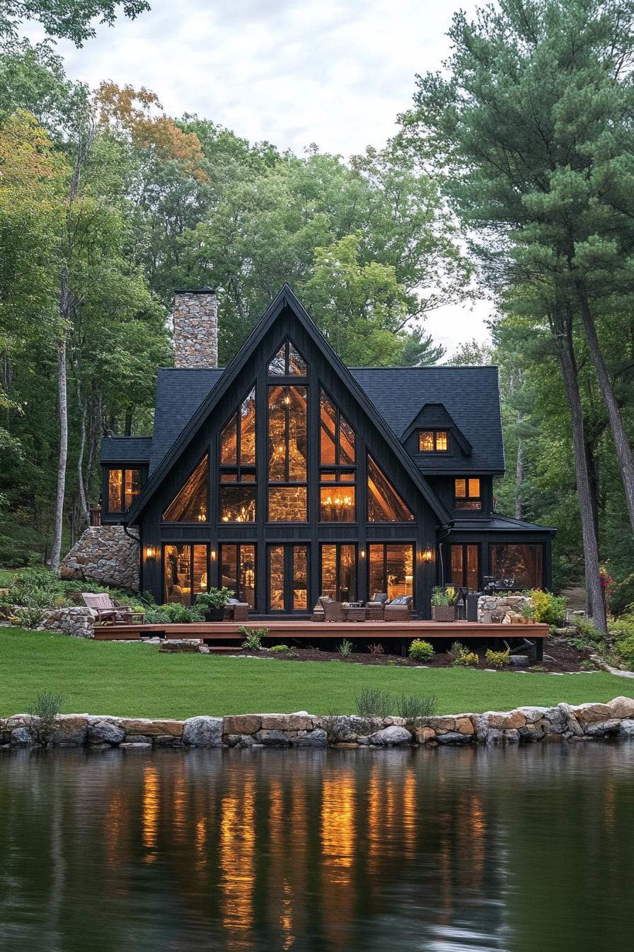 Luxurious cabin with large glass windows in a wooded area by a lake