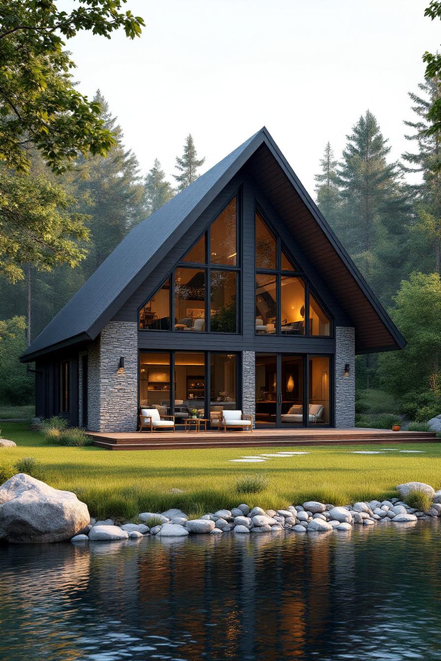 Chic A-frame cabin by the water, surrounded by trees