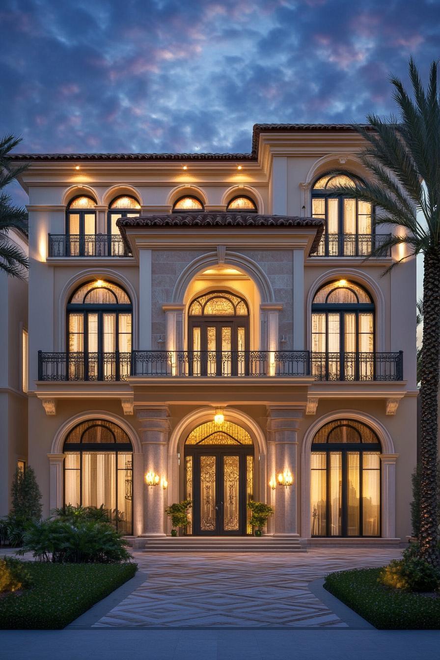 Luxurious villa illuminated warmly at dusk