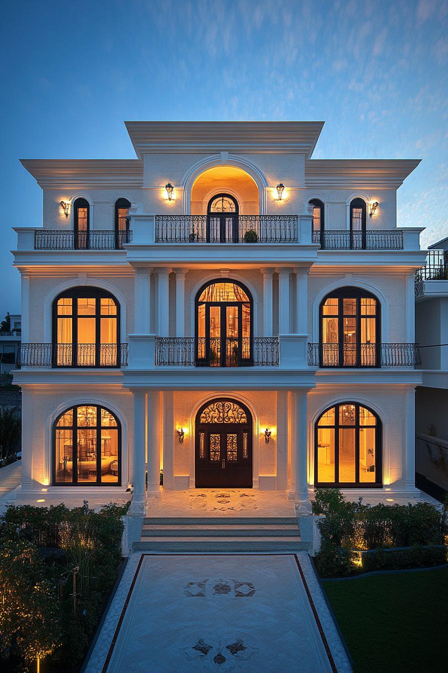 Elegant three-story villa at dusk