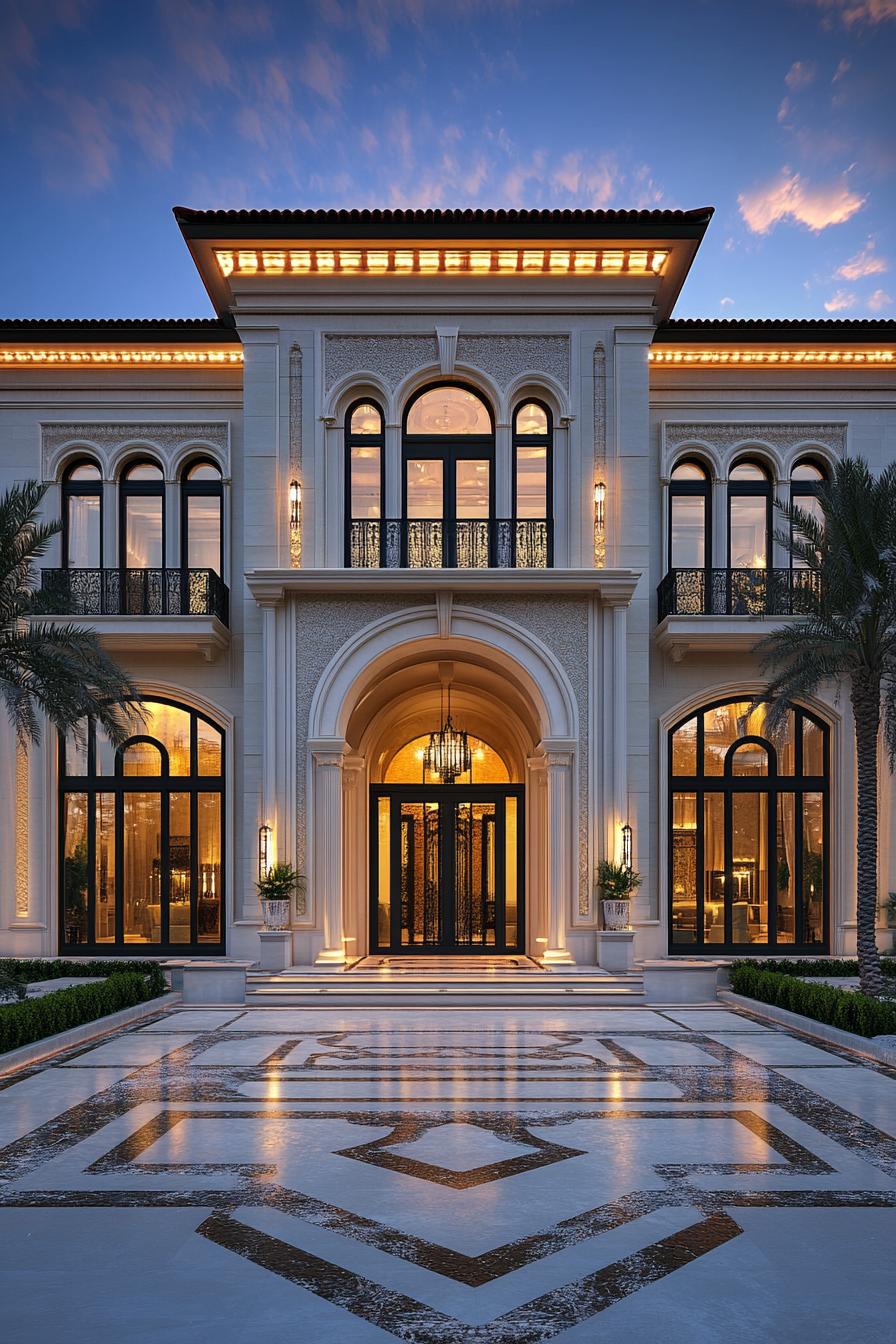 Elegant villa facade with stunning arches and glowing interior lights