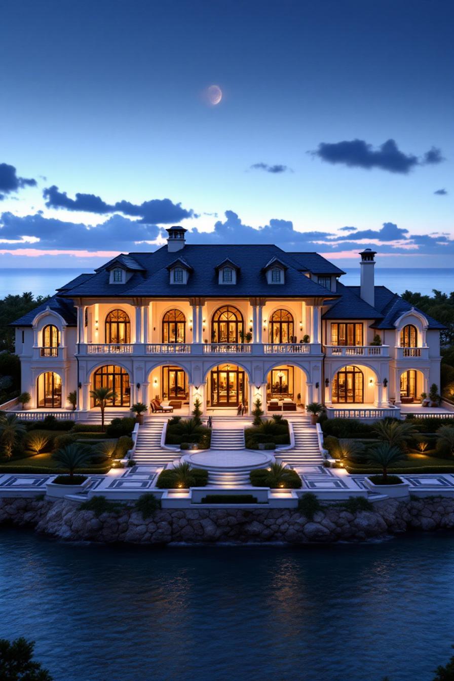 Luxurious villa overlooking a serene waterway at dusk