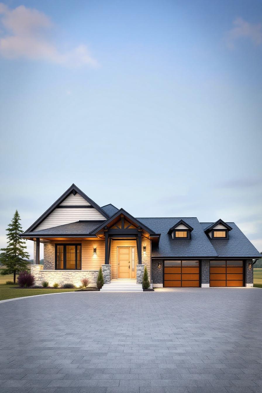 Charming modern dormer bungalow with stone accents and a spacious driveway