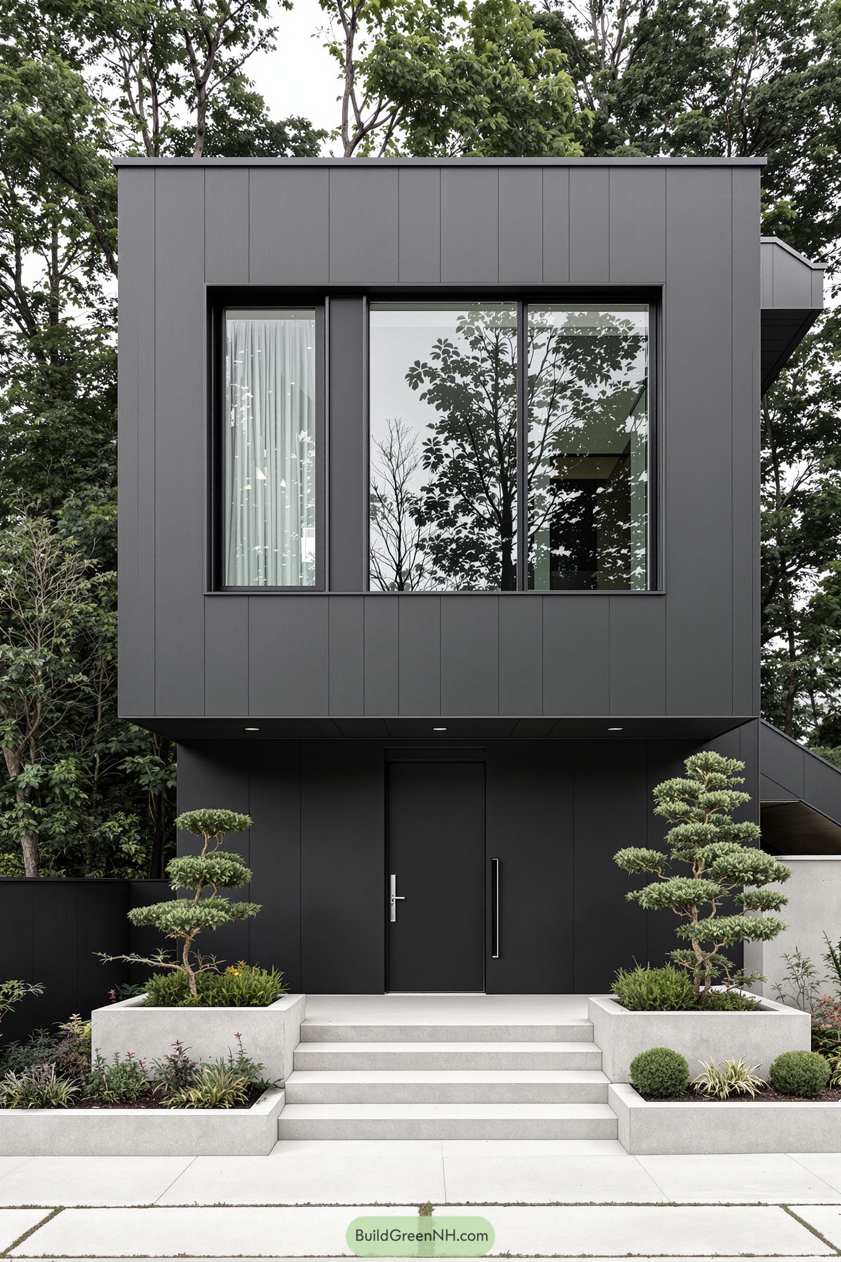 Modern black house with sharp lines and lush greenery