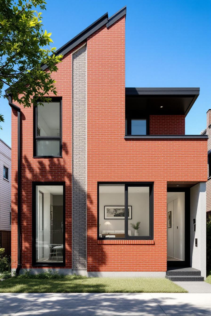 Modern red brick house with large windows and angular roof
