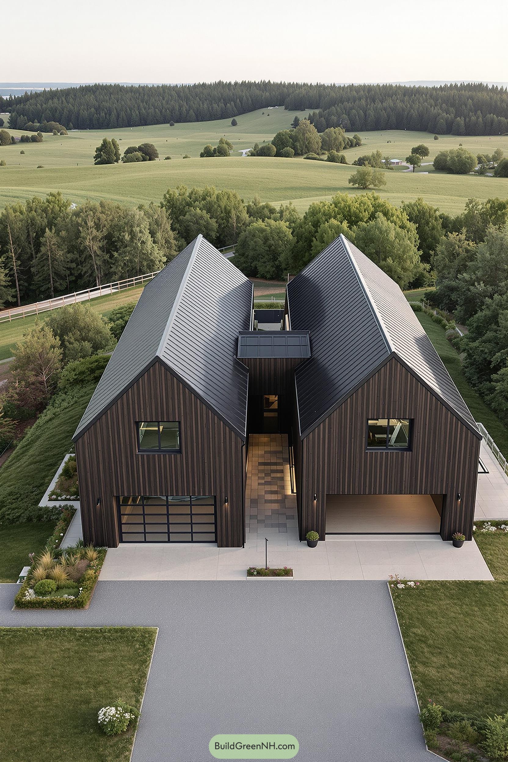 Scandinavian barn house with sleek black roof and lush green surroundings