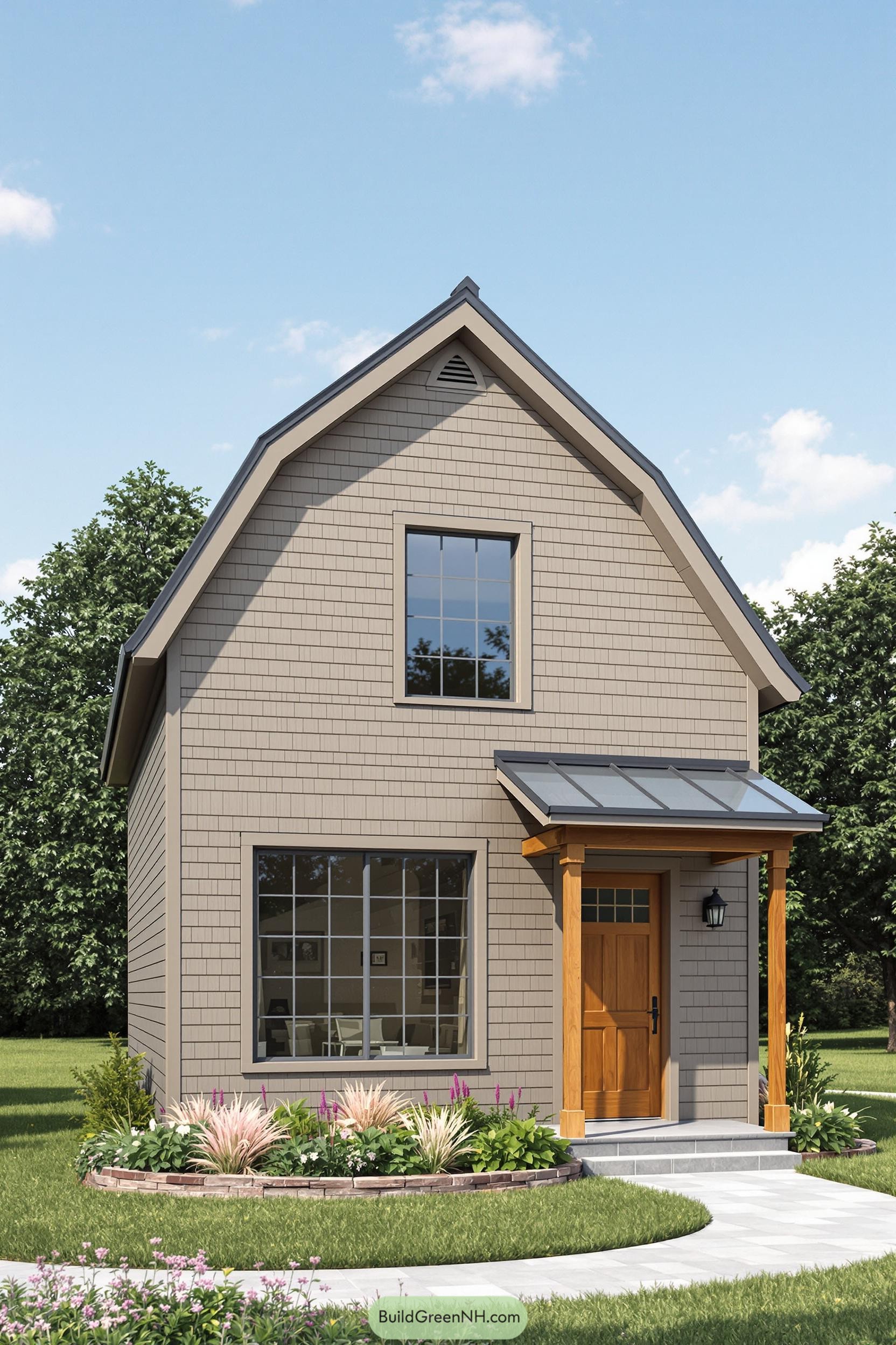 Tan barn-style house with wooden door and large windows