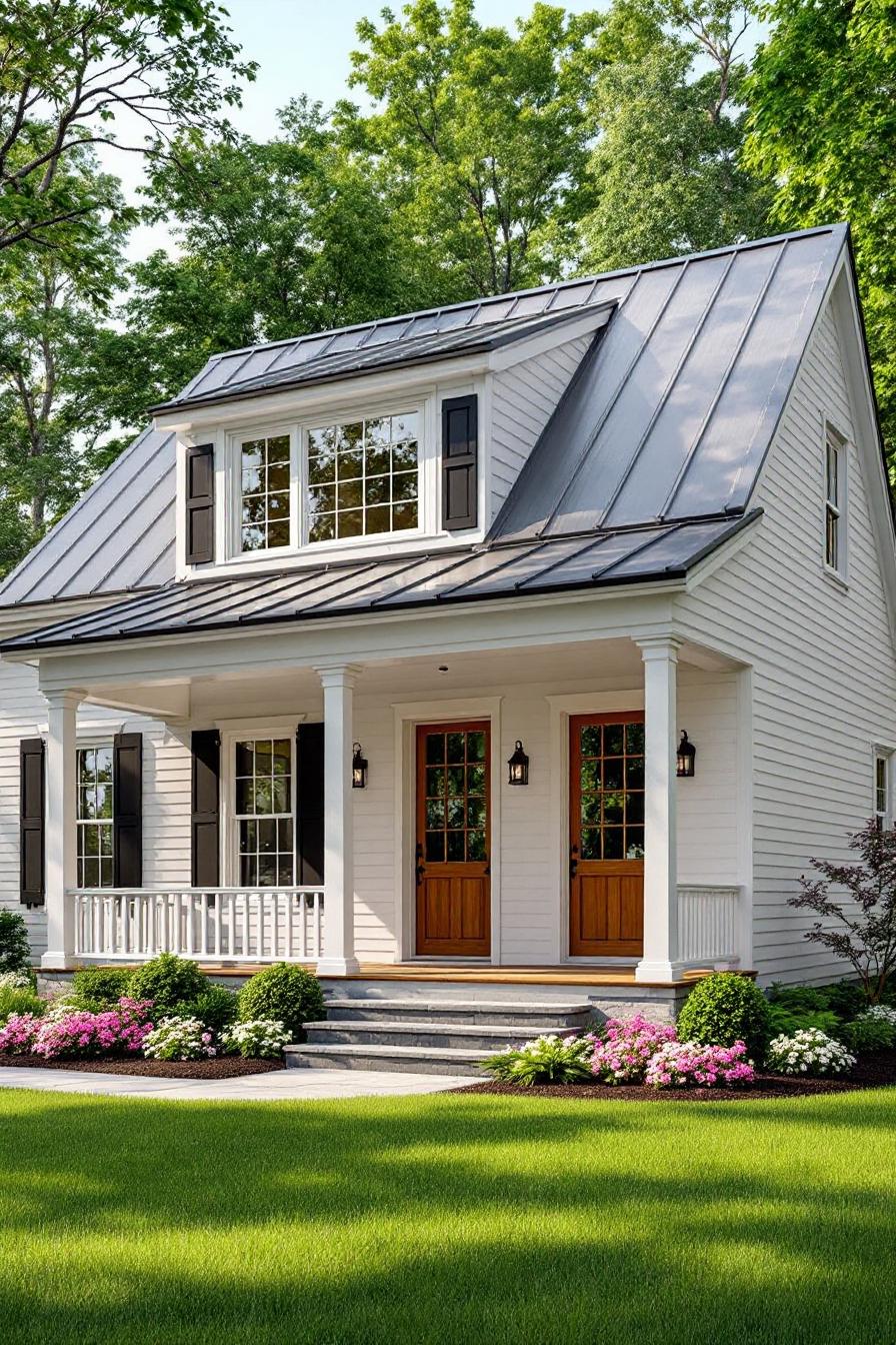 Small white house with a porch, set amidst lush greenery