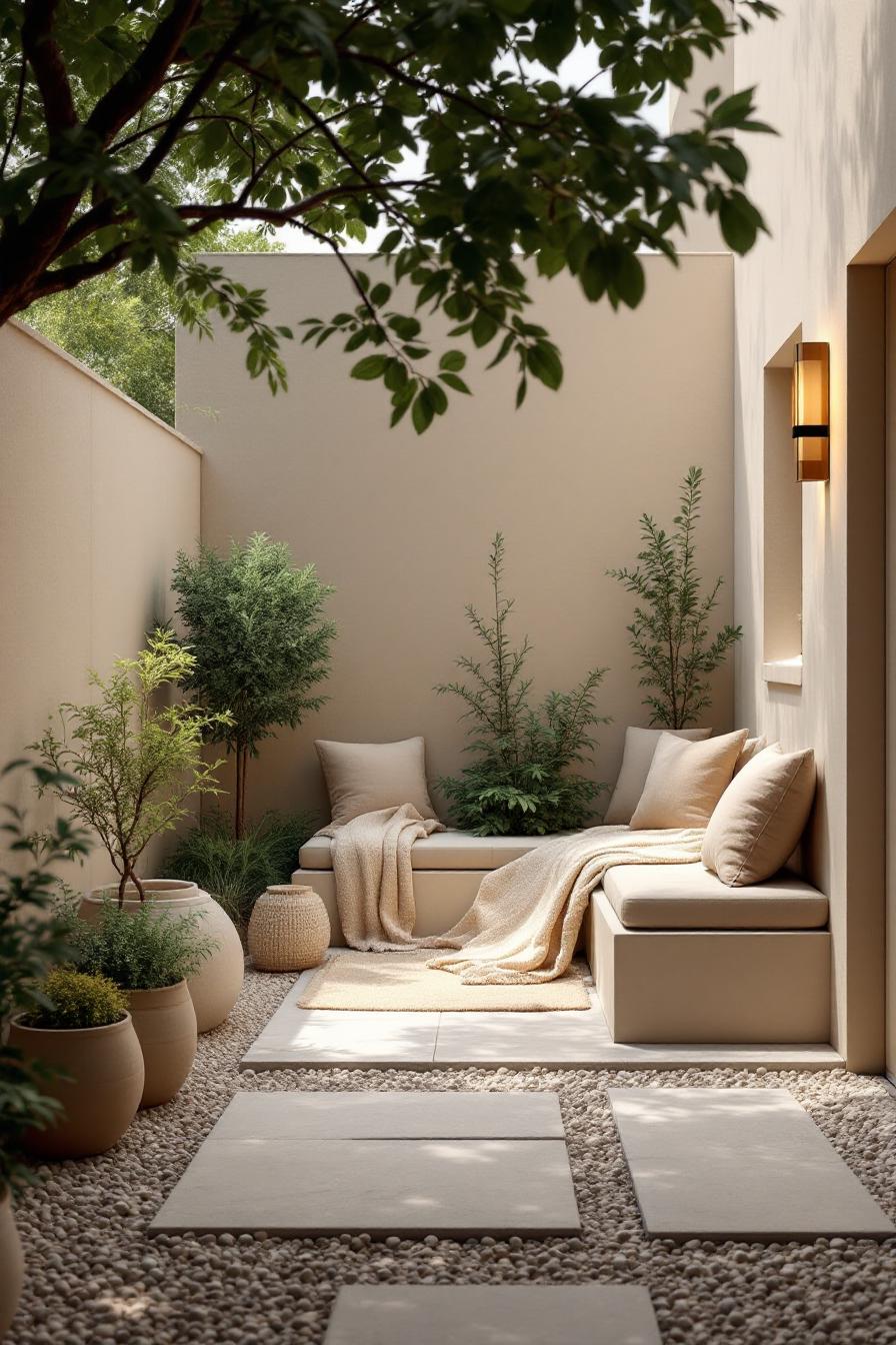 Small courtyard with cushioned seating and green plants