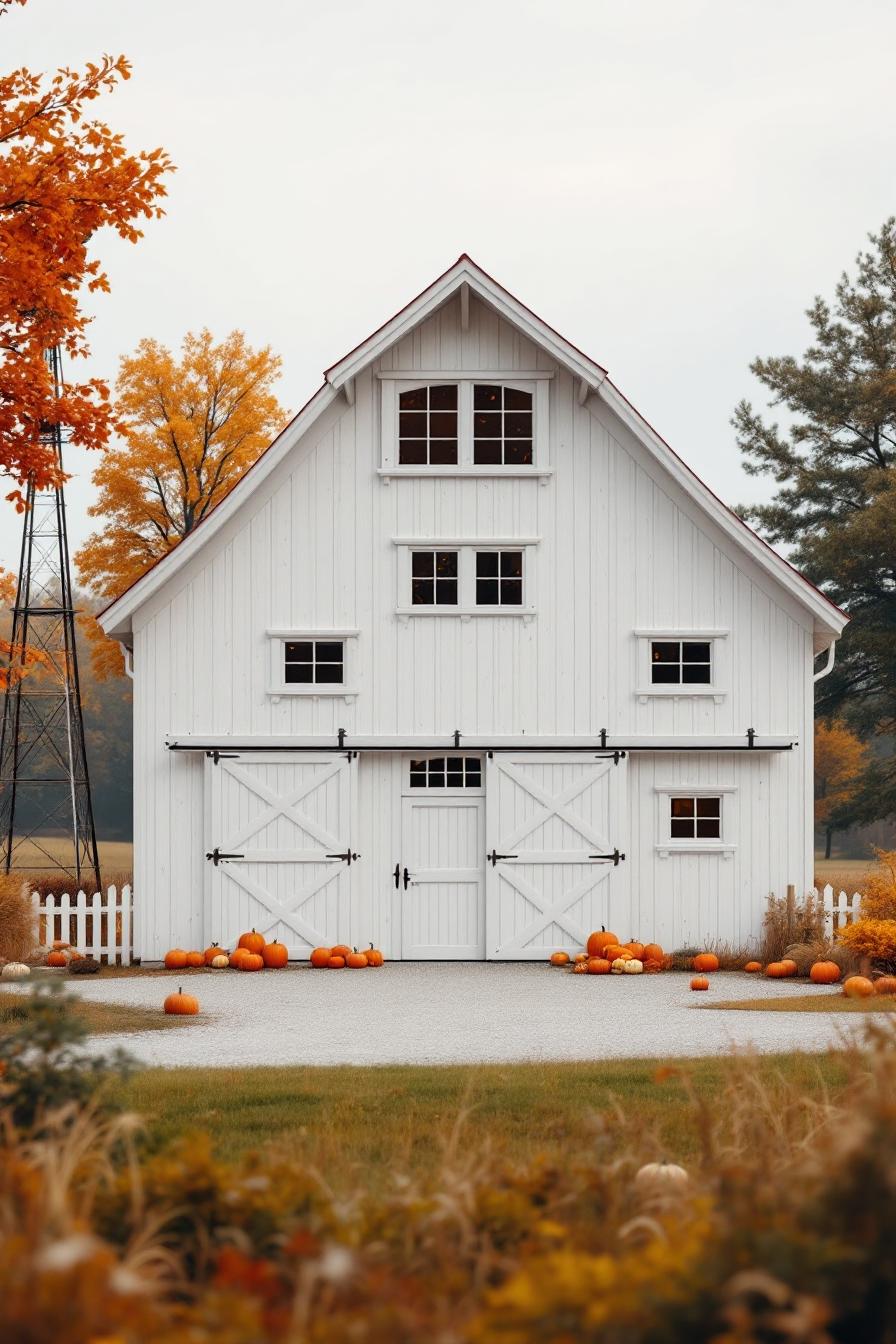 Charming white barn with pumpkins lined up in front