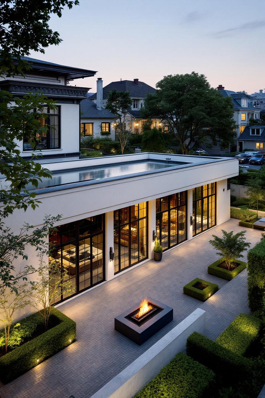 Modern courtyard with a fire pit, surrounded by lush greenery