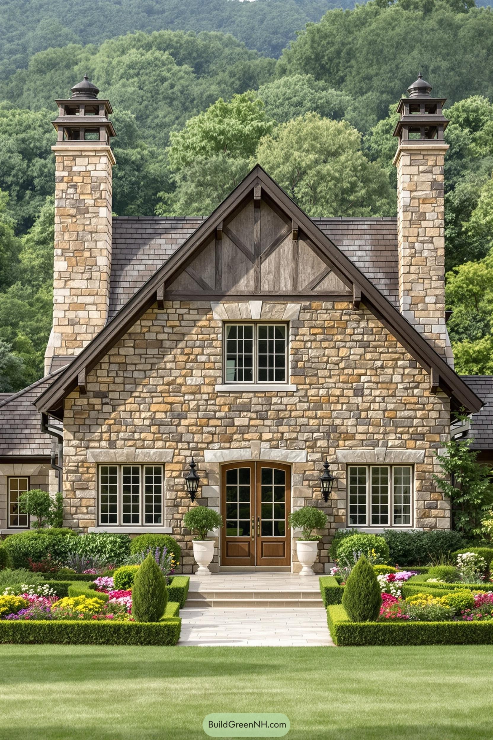 Quaint stone house with a well-manicured garden and lush greenery