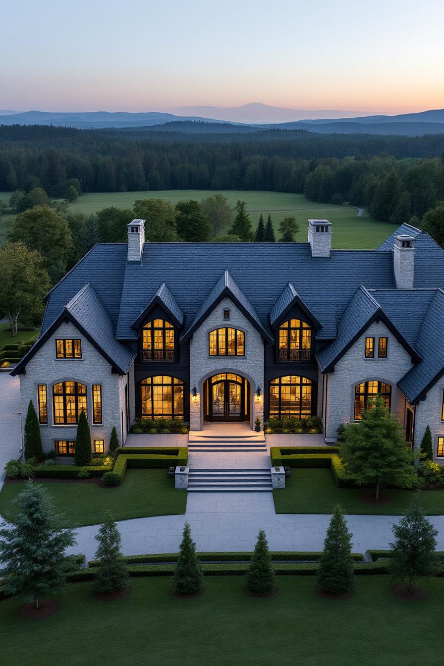Grand farmhouse mansion with glowing windows at twilight