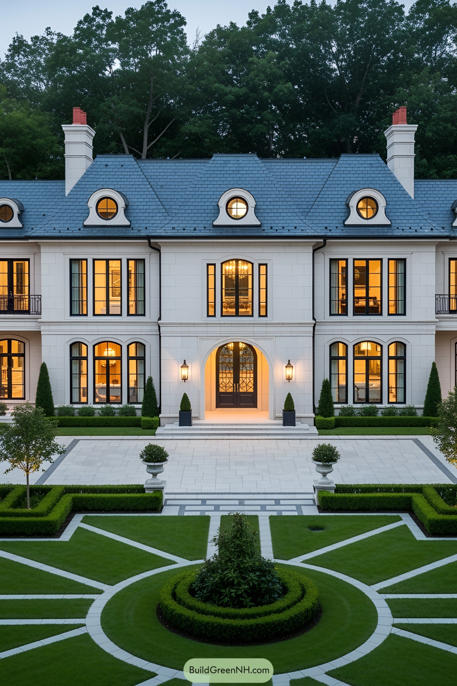 Luxurious mansion with manicured gardens and grand entrance