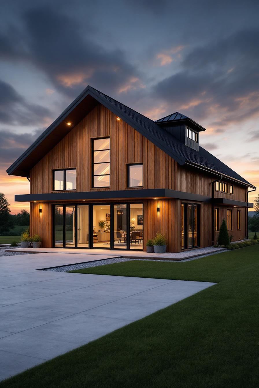 A modern barndominium with large windows glowing at dusk