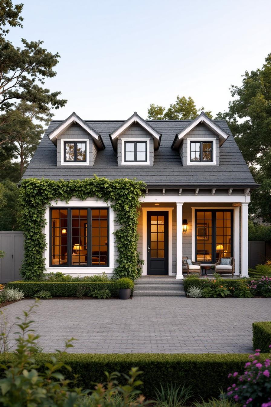 Cozy bungalow with ivy-covered façade and symmetrical dormer windows