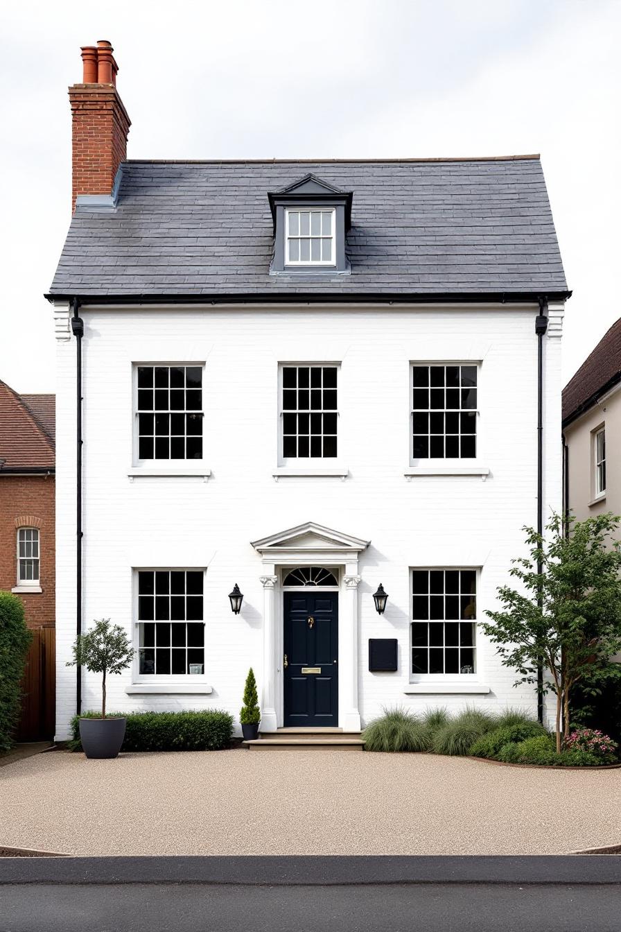 White brick Georgian cottage with black door and window frames