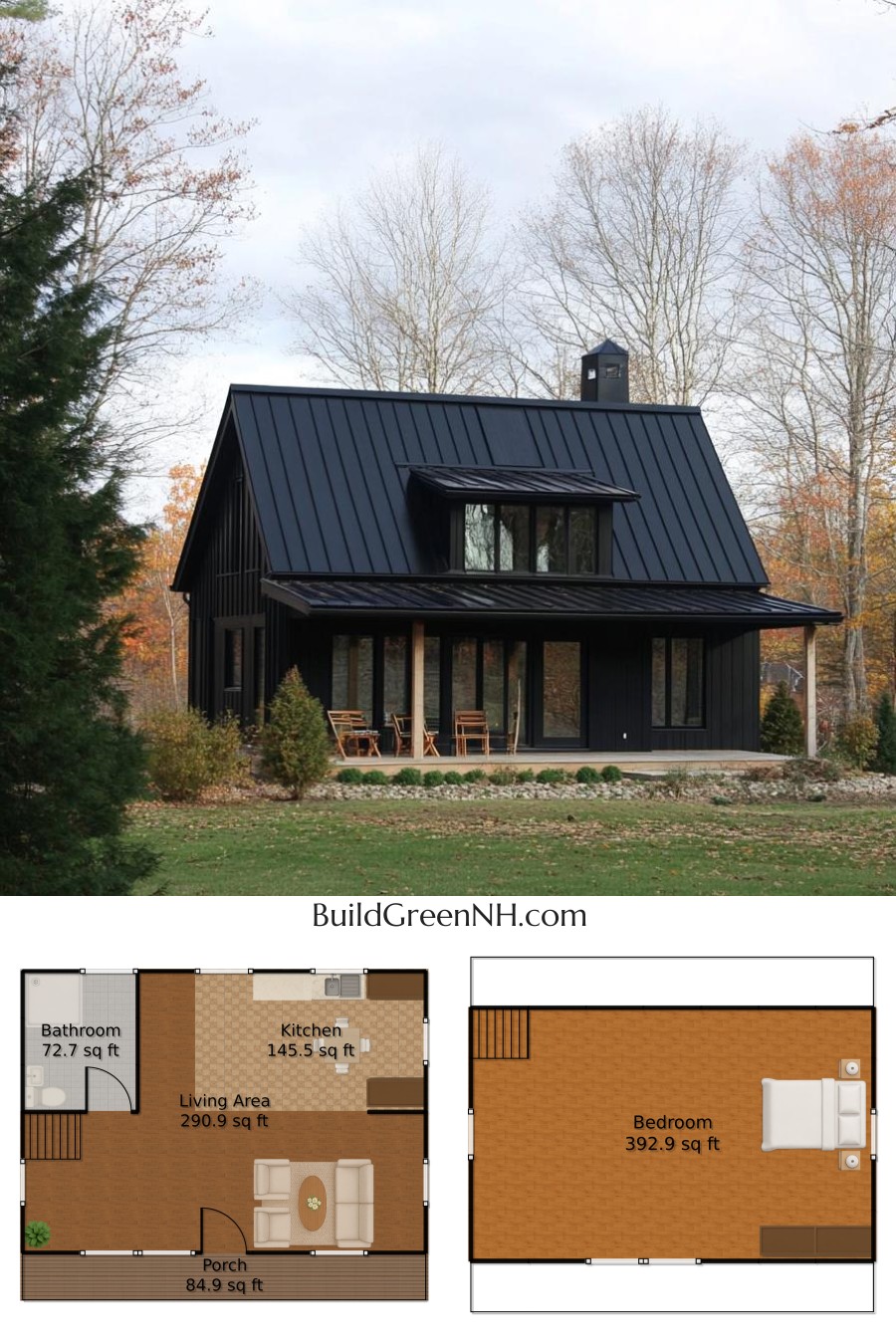 Sleek Black Cabin in the Autumn Woods: Cottage House Floor Plans