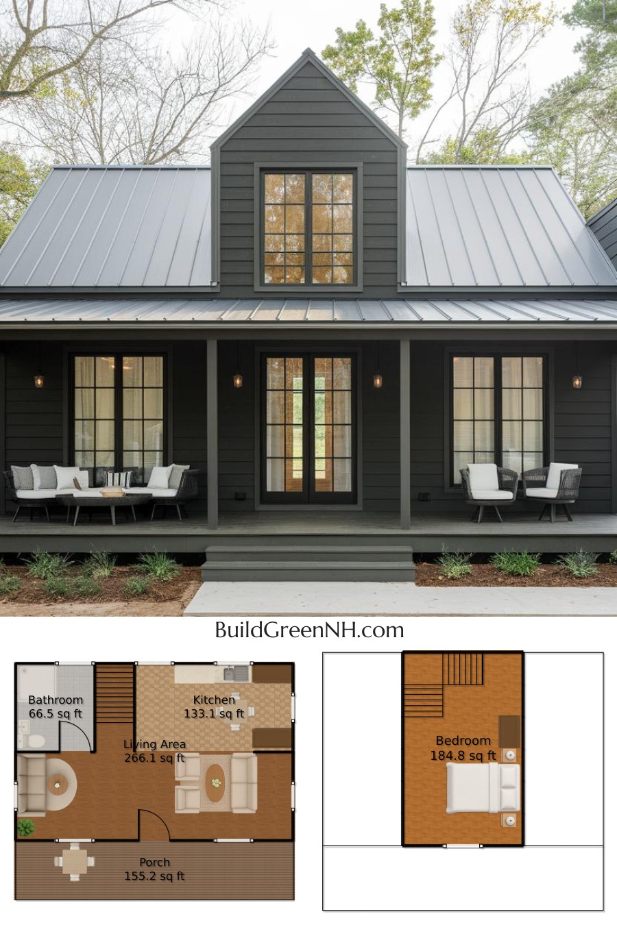 Elegant Charcoal Retreat with a Modern Porch: Cottage House Floor Plans