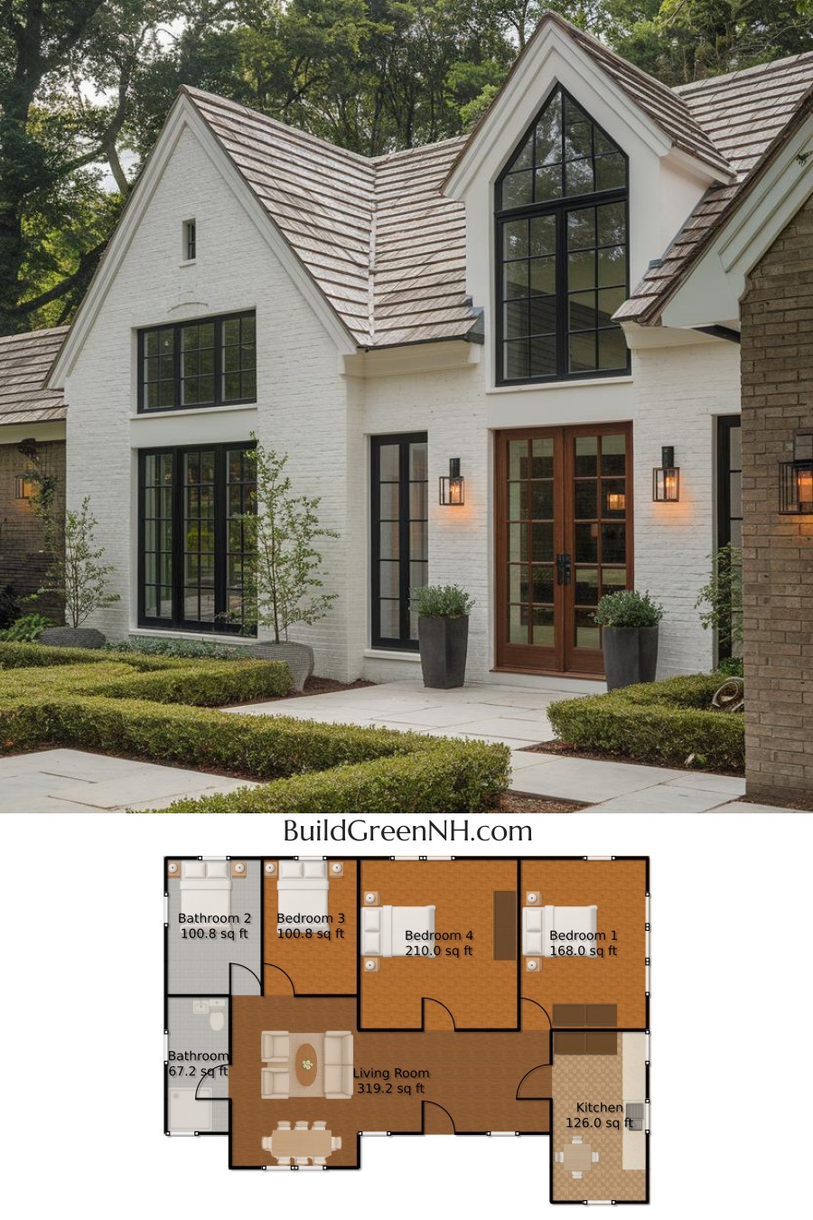 White-Brick Wonderland with Gable Grins: Cottage House Floor Plans