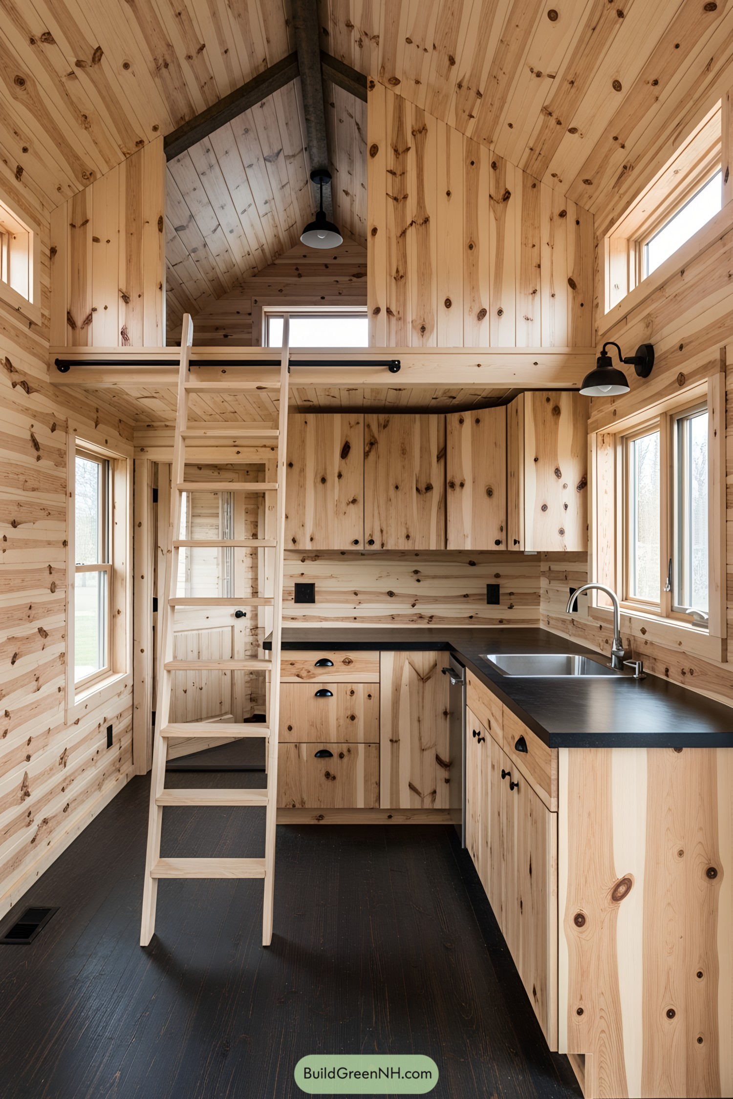 Wooden lofted tiny house interior with a ladder to the upper level