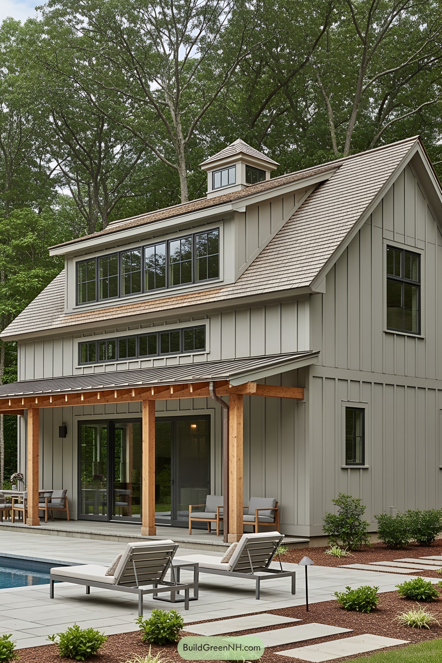 Modern barn-style house with pool and patio