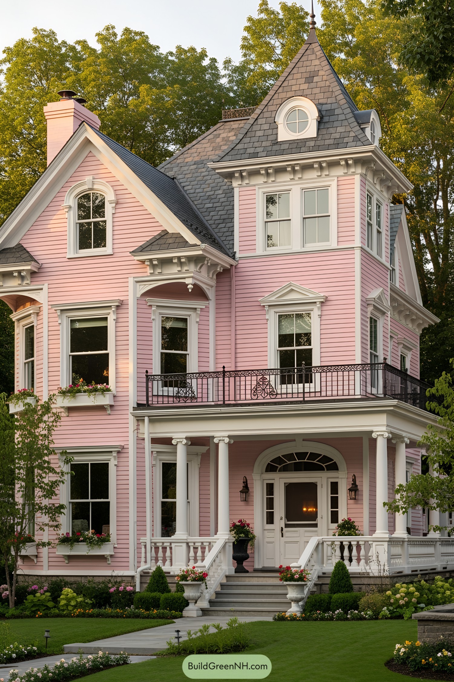 Pink Victorian house with ornate details