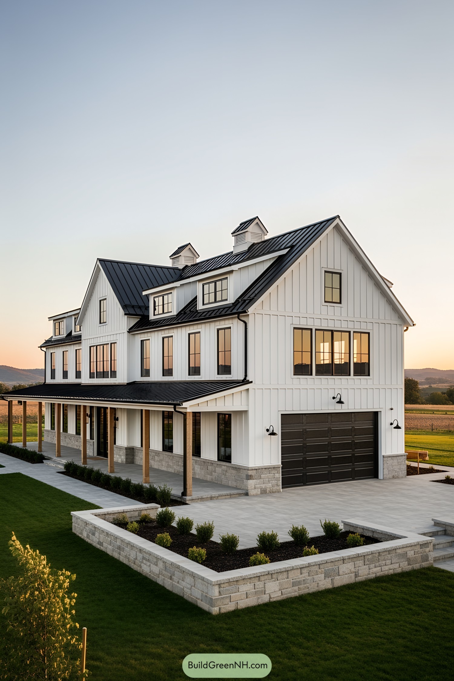 White barn-style house with black roof and windows