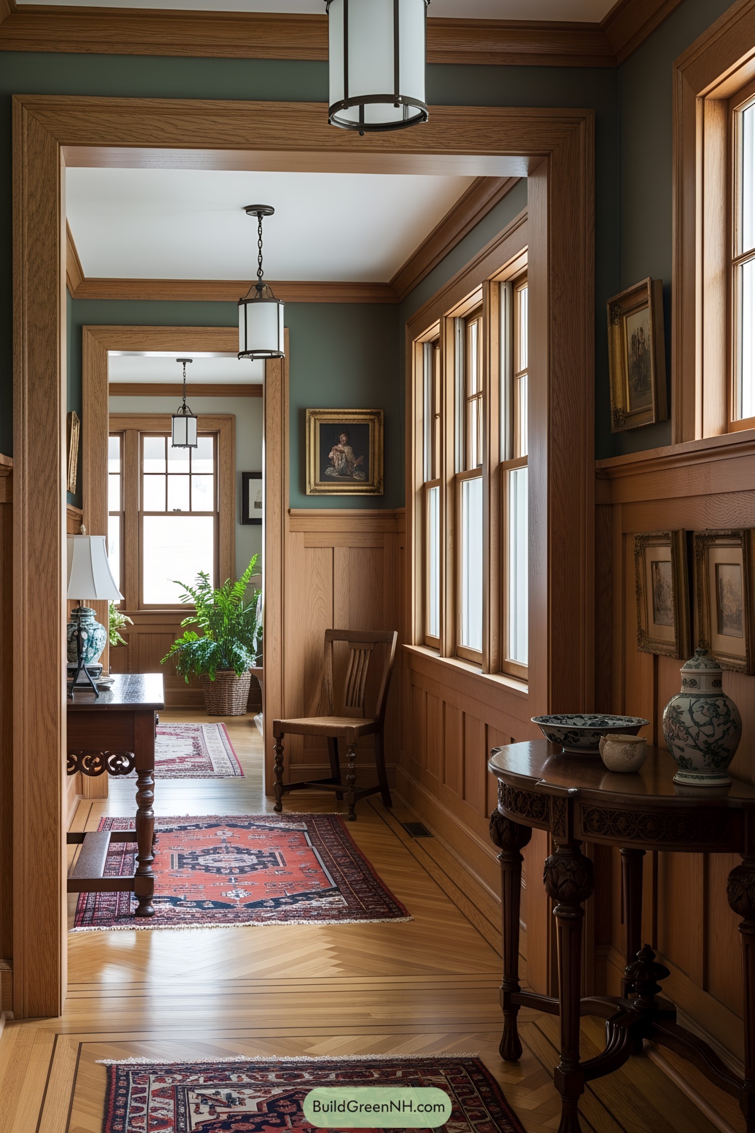 A warm hallway with wood trim and vintage décor