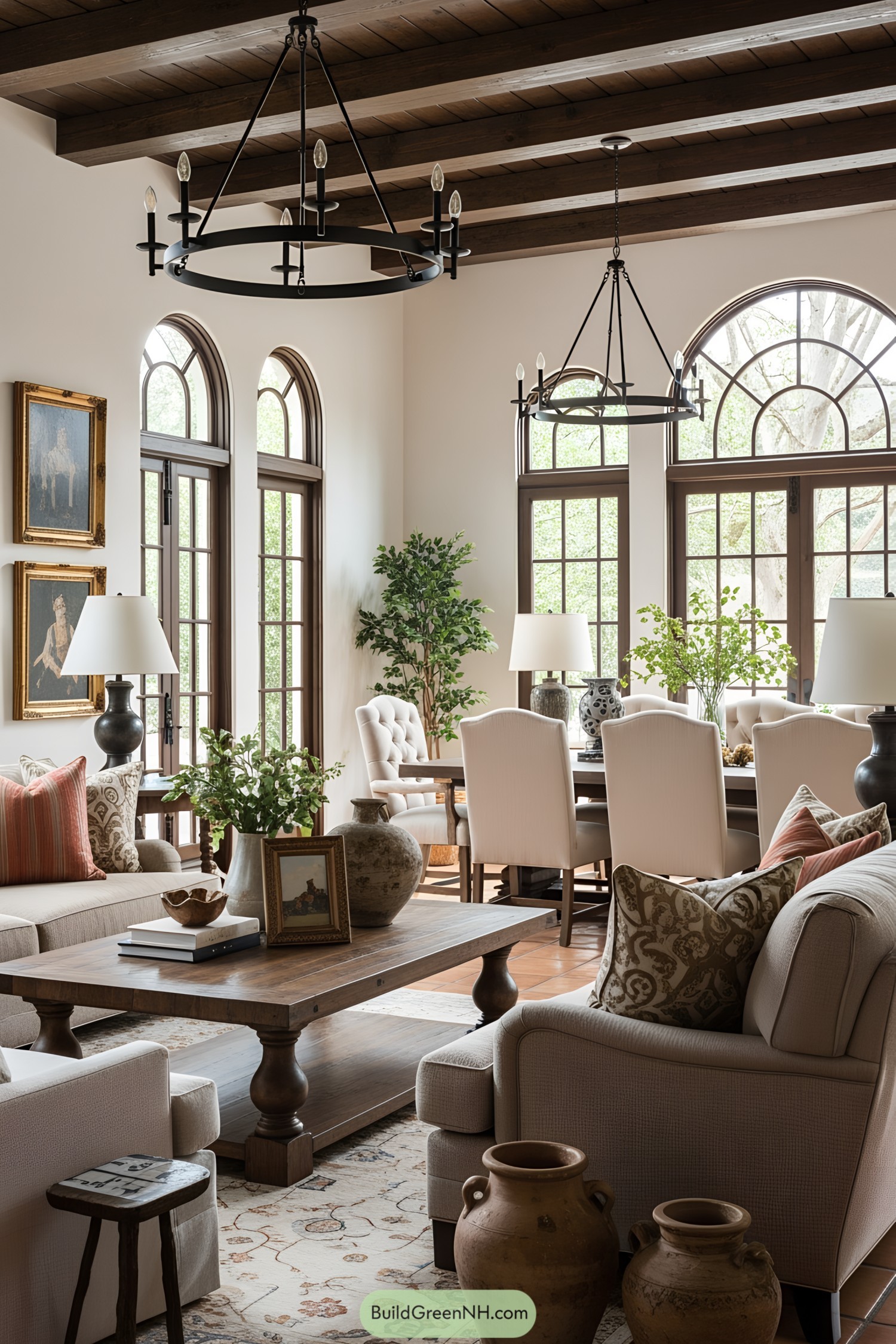 Elegant Spanish-style interior with wooden beams and plush seating