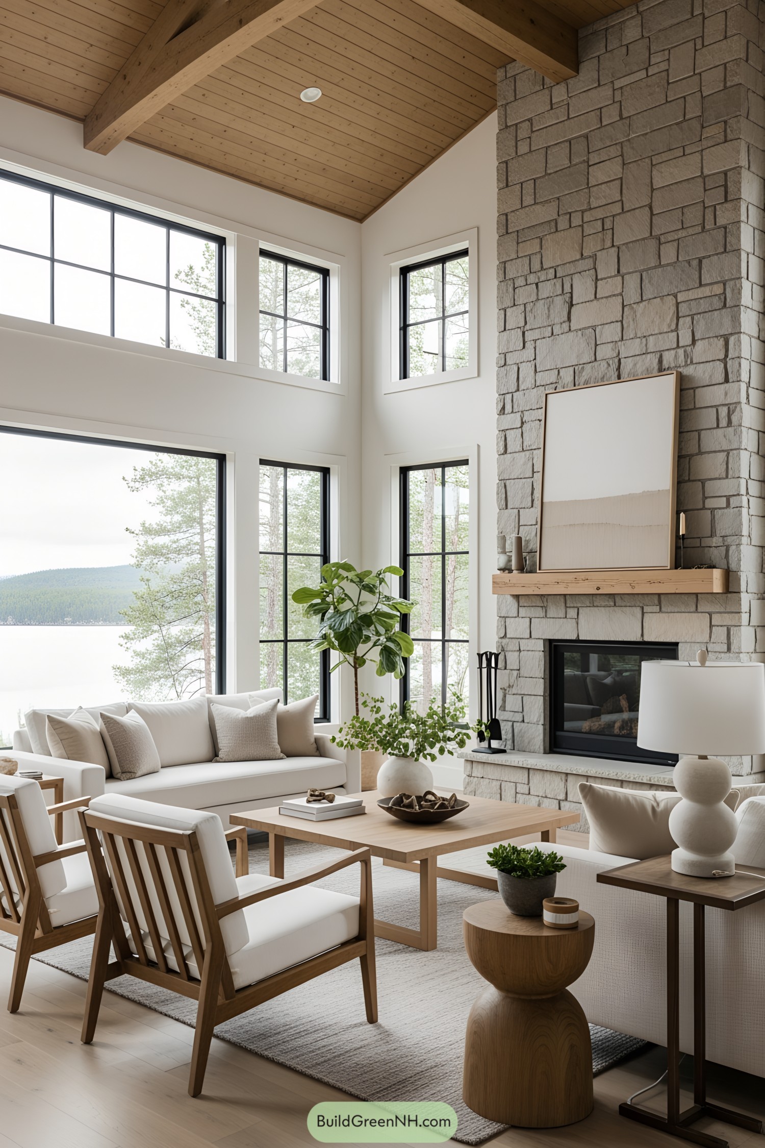Spacious living room with large windows and stone fireplace