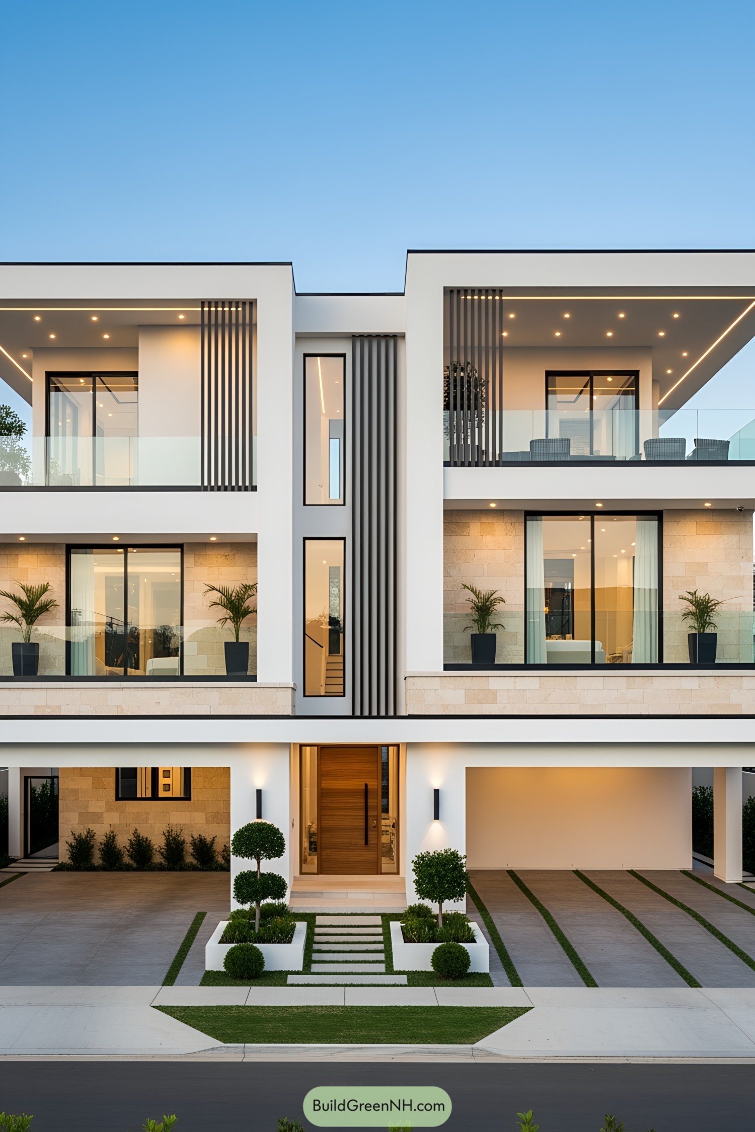 Sleek white and beige duplex with stylish balconies