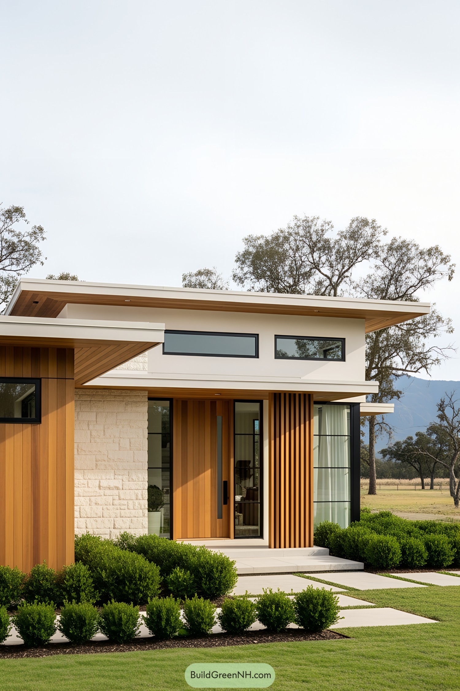 Contemporary bungalow with clean lines and wooden accents