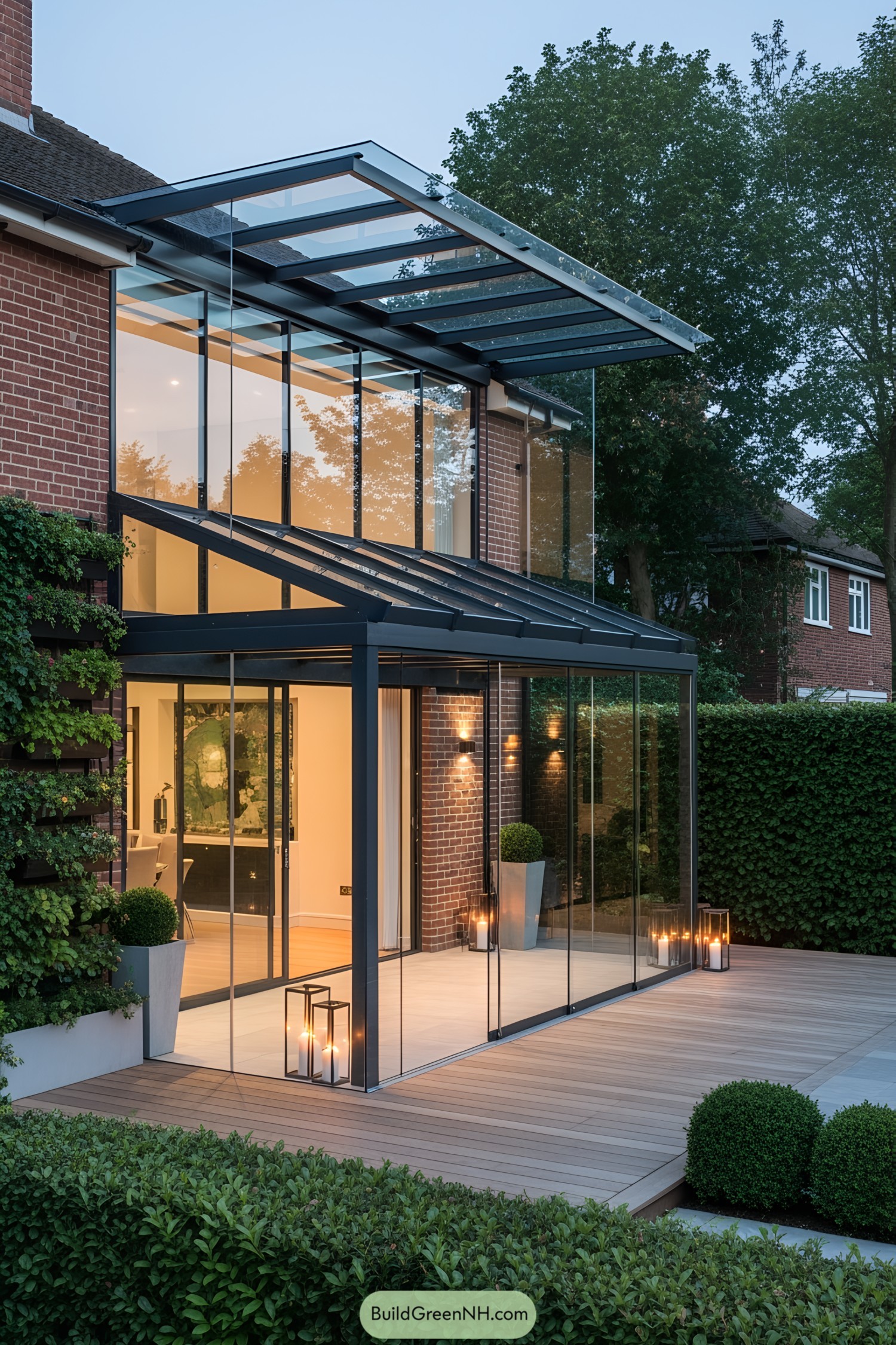 Contemporary glass terrace with elegant lighting