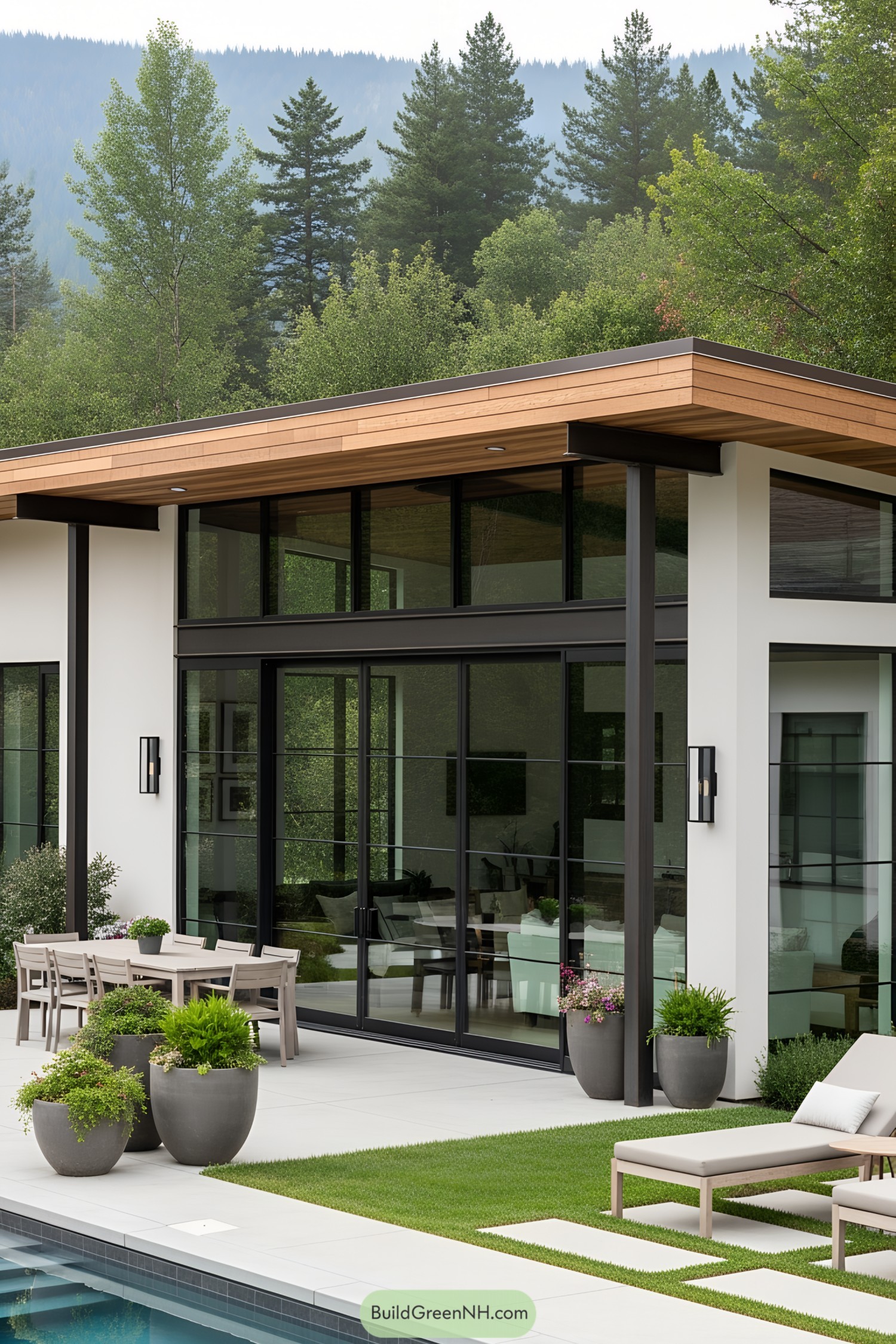 Modern pool house with glass facade in a lush setting
