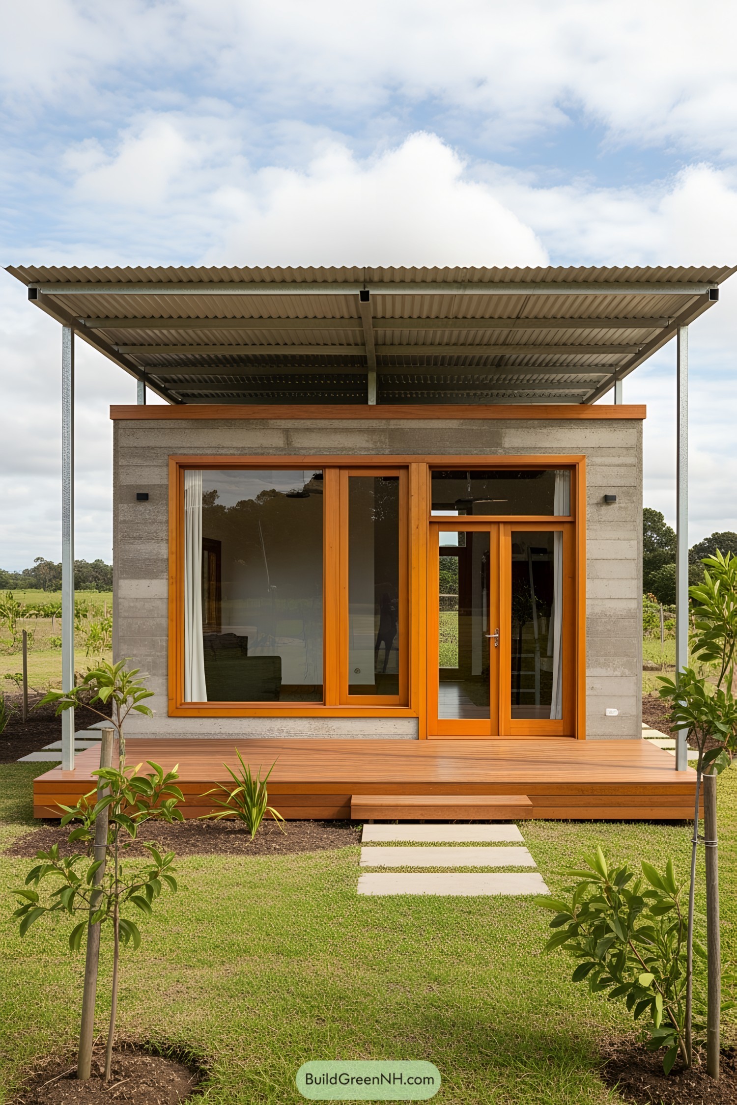 Small industrial-style house with metal roof and bright wooden accents