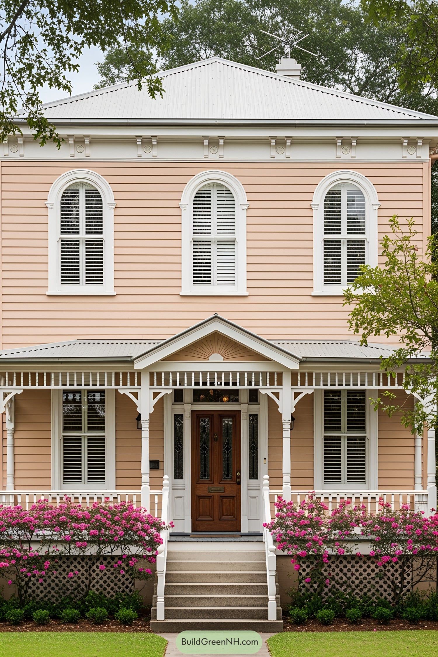 Victorian cottage with pink exterior and ornate details