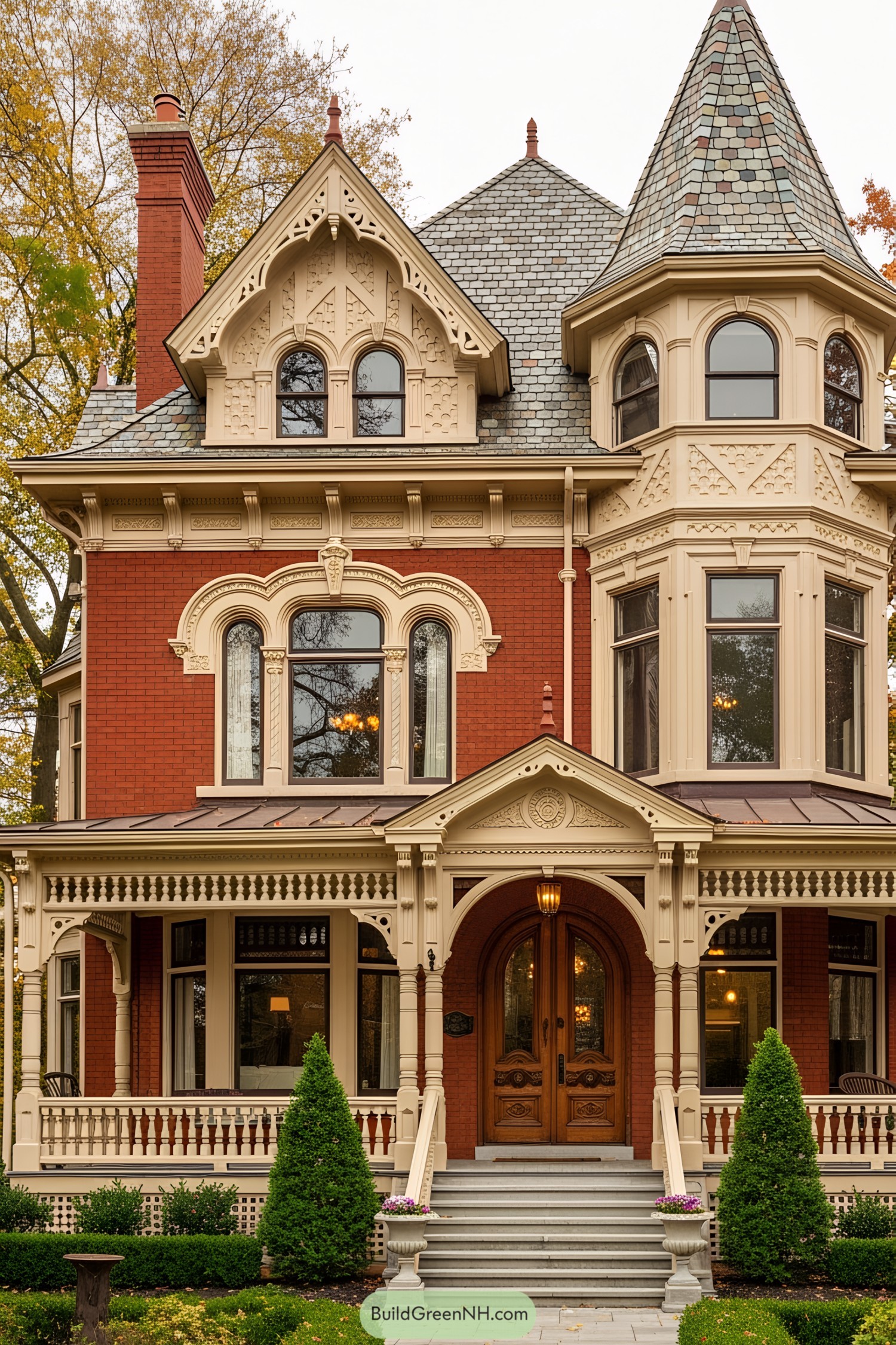 Victorian house with ornate details and a turret