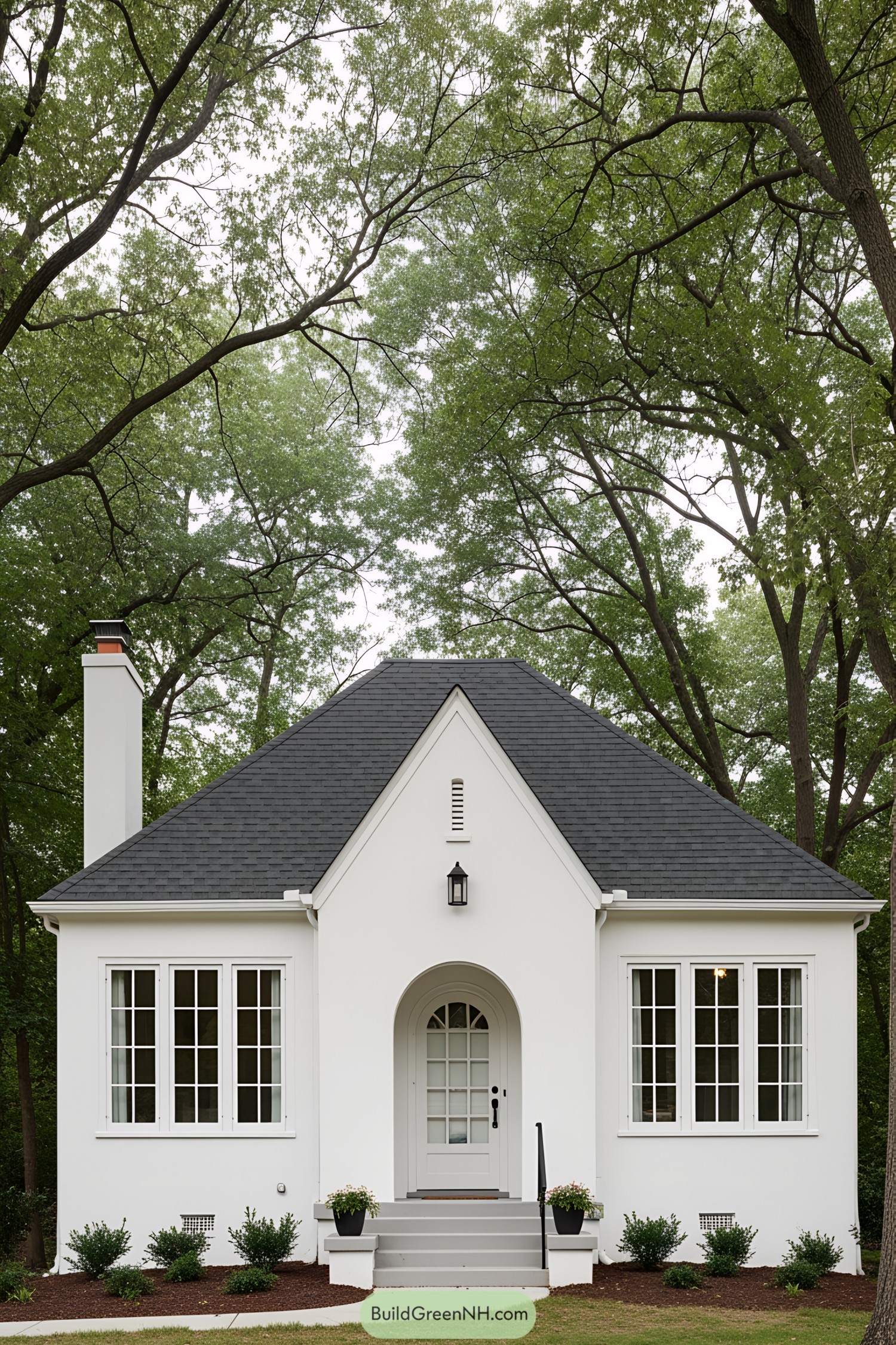 White bungalow with arched entrance surrounded by trees