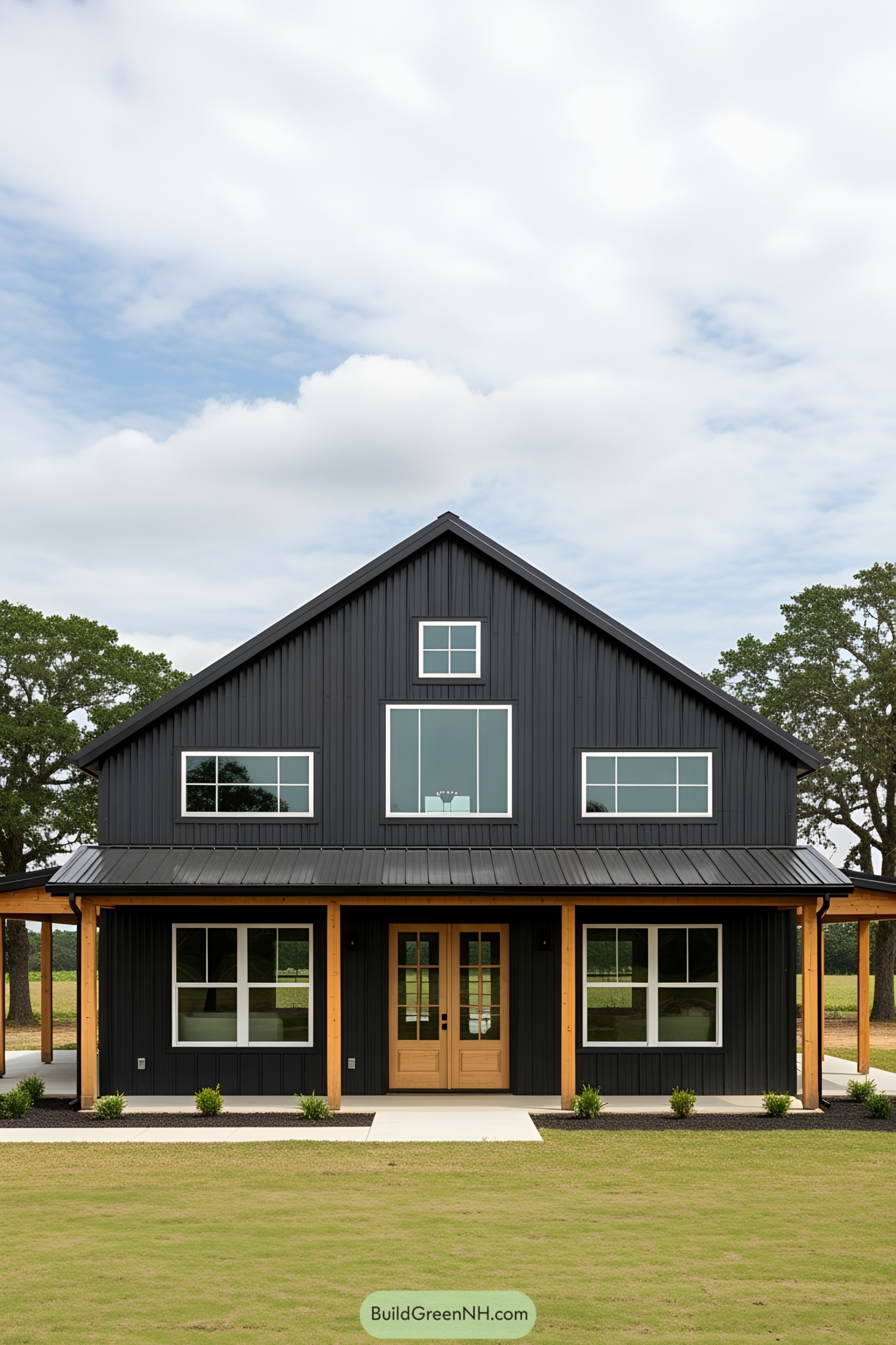 A modern black pole barn house with wooden accents