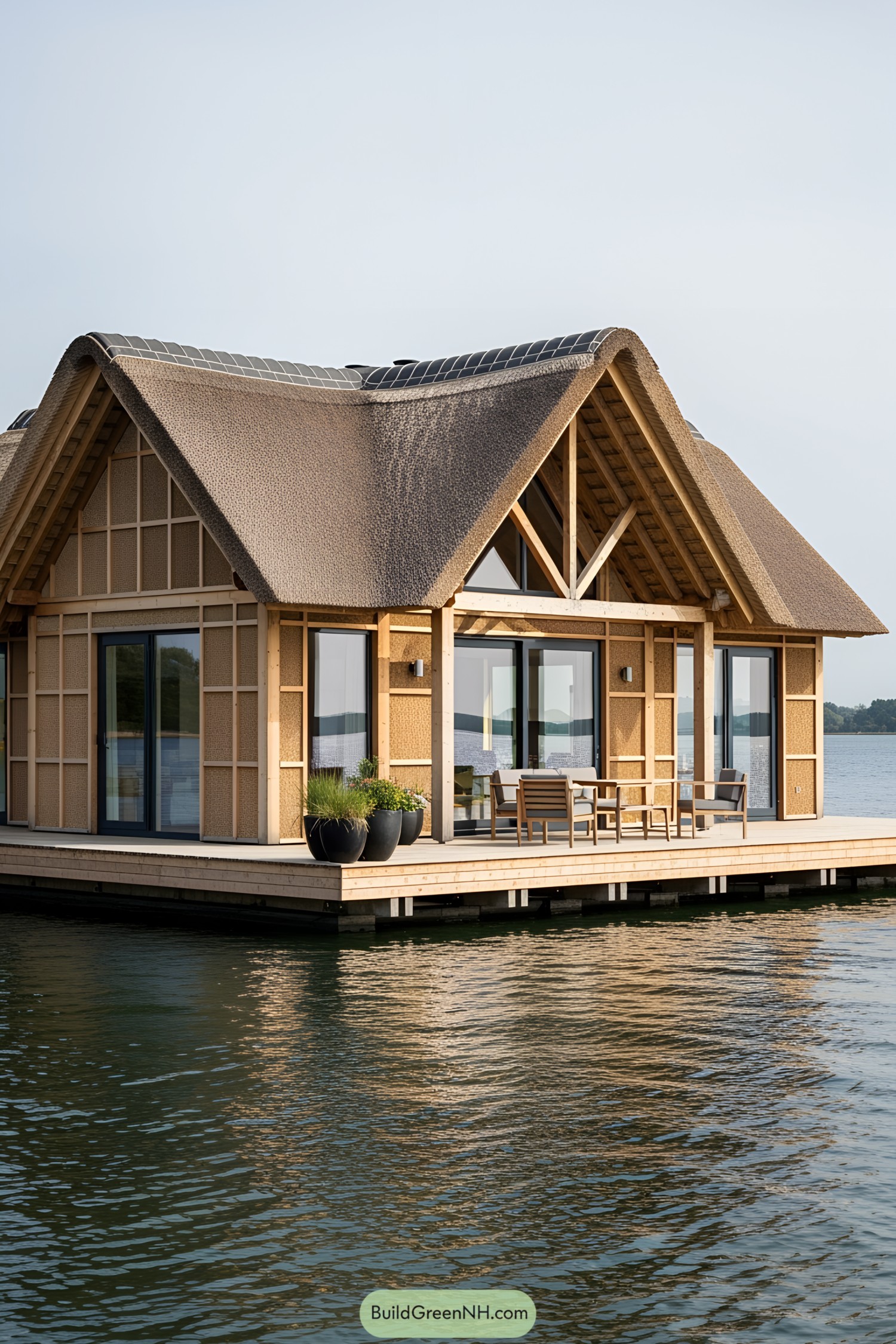 Floating cottage with a thatched roof and wooden deck