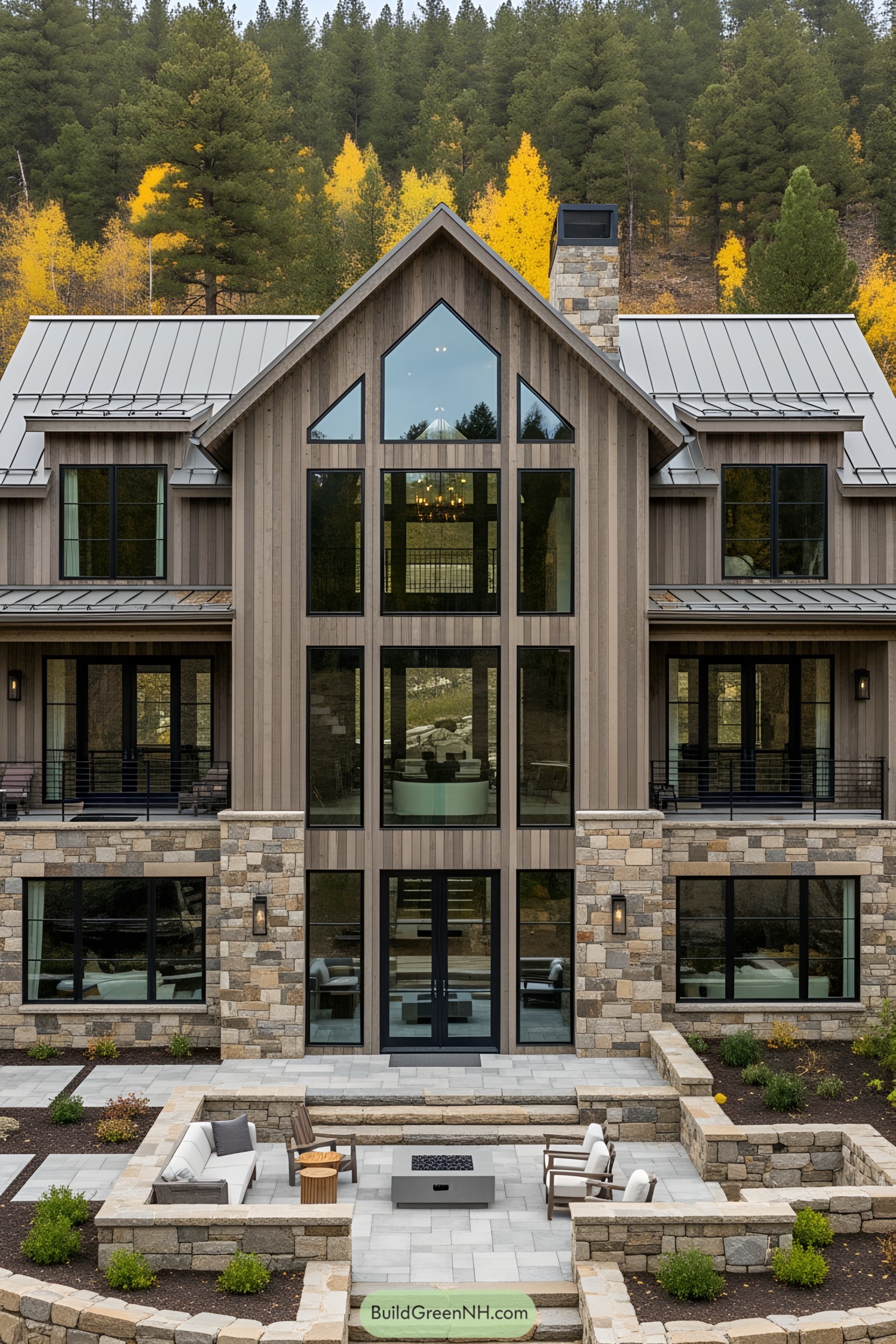 Modern rustic house with stone and wood facade surrounded by trees